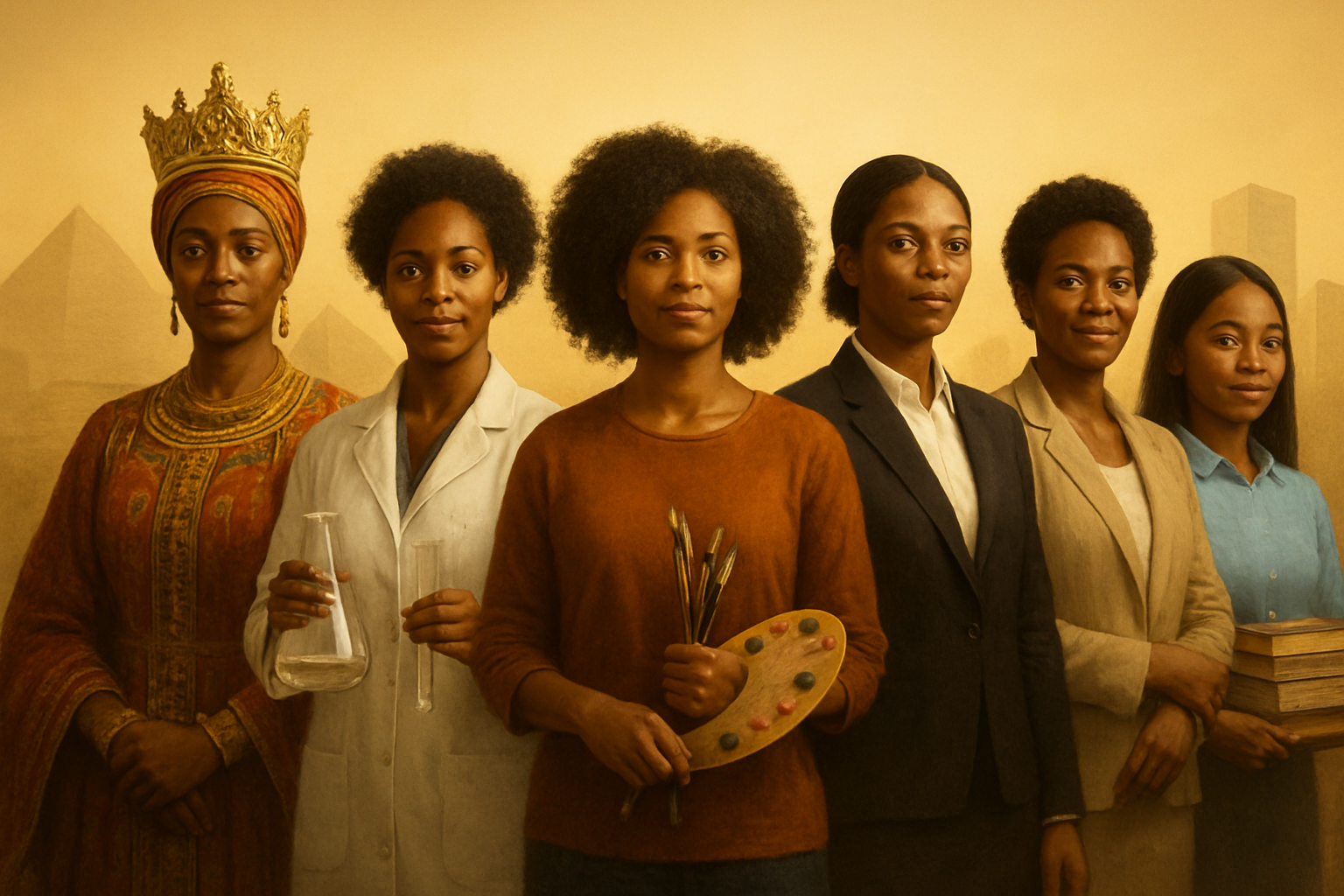 Create a realistic image of a diverse group of black women of different ages standing together in an inspiring arrangement, representing various historical professions - one wearing royal African attire with a crown, another in a white lab coat holding scientific instruments, one with paintbrushes and an artist's palette, another in formal political attire, one in business professional clothing, and one holding books representing education, all positioned against a warm golden background with soft natural lighting that creates an uplifting and empowering atmosphere, with subtle silhouettes of ancient pyramids, books, art canvases, and modern buildings fading into the background to represent the span of history and achievements. Absolutely NO text should be in the scene.