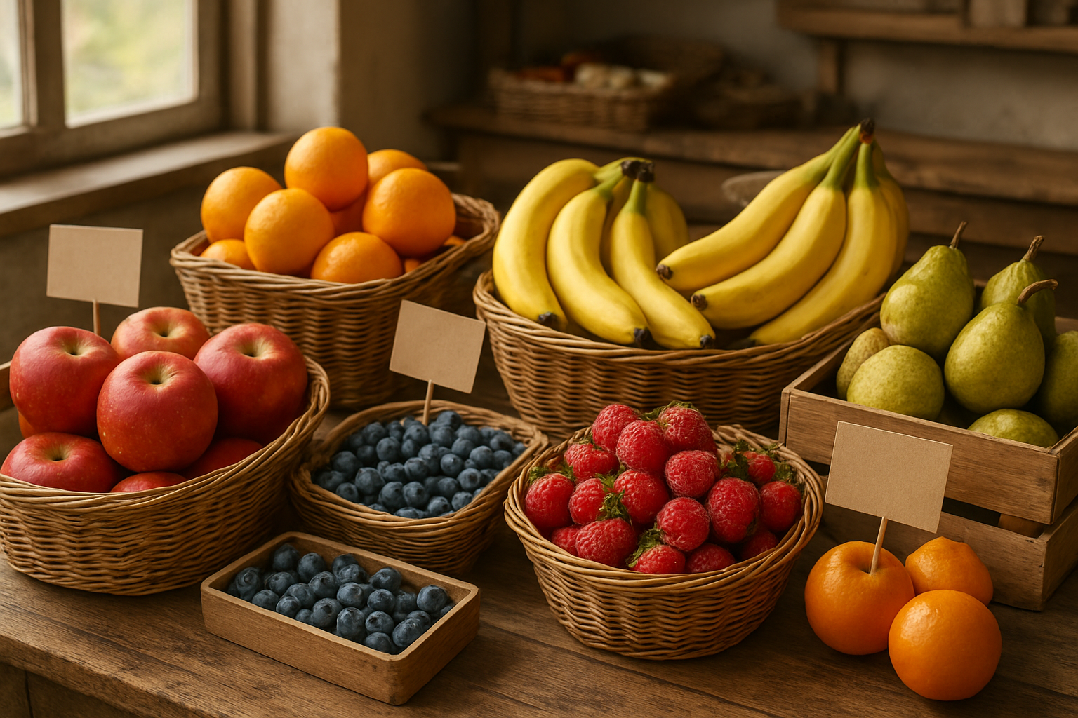 Create a realistic image of a vibrant display of affordable seasonal fruits arranged on a rustic wooden table, featuring apples, bananas, oranges, pears, and seasonal berries in wicker baskets and wooden crates, with price tags showing budget-friendly costs, soft natural lighting from a nearby window creating warm shadows, a kitchen or farmer's market setting in the background, conveying abundance and accessibility of fresh produce throughout different seasons, absolutely NO text should be in the scene.