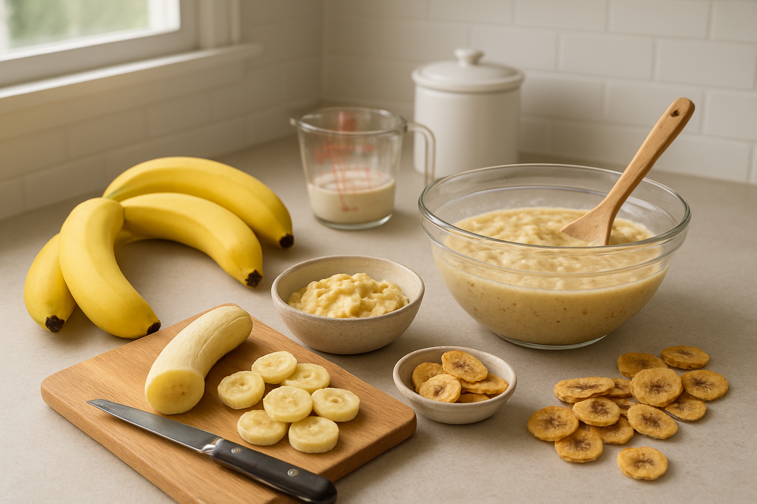 Create a realistic image of a kitchen countertop scene showcasing various banana preparation methods and culinary uses, featuring fresh yellow bananas in different stages of preparation including whole bananas, sliced banana rounds on a cutting board, mashed bananas in a bowl, banana bread batter being mixed, and dried banana chips scattered nearby, with kitchen utensils like a knife, wooden spoon, and measuring cups visible, set against a clean modern kitchen background with natural lighting from a window, absolutely NO text should be in the scene.