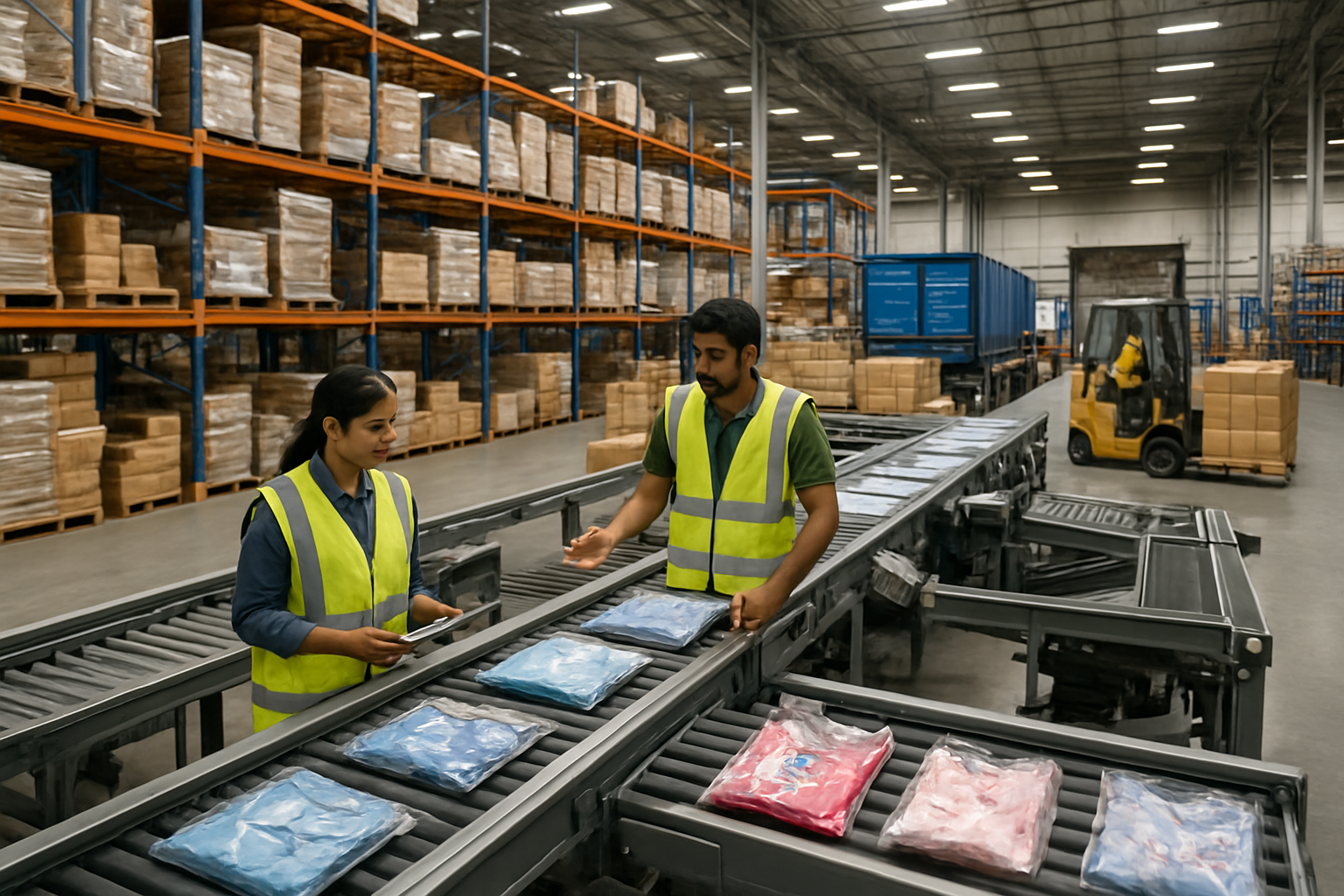 Create a realistic image of a modern warehouse and distribution center showing streamlined supply chain operations with conveyor belts carrying packaged shirts and children