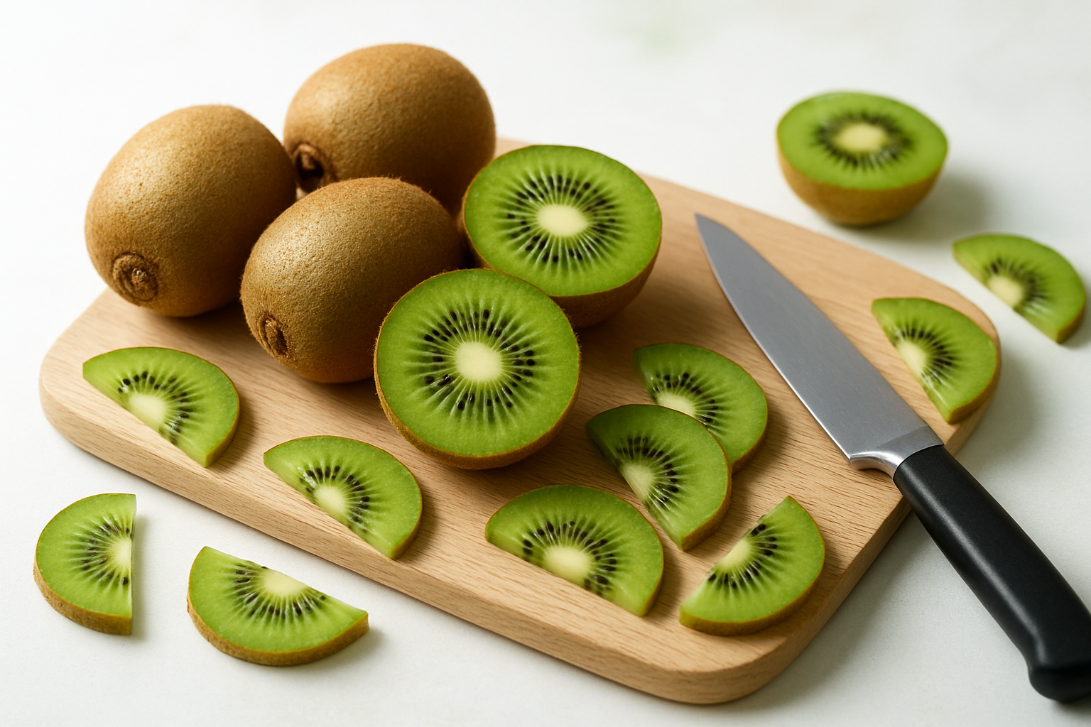 Create a realistic image of a beautifully arranged display of fresh kiwi fruits showing both whole and halved kiwis revealing their vibrant green flesh with black seeds in a circular pattern, positioned on a clean wooden cutting board alongside a sharp knife, with scattered kiwi slices artistically placed around the main fruits, soft natural lighting from above creating gentle shadows, clean white background with subtle hints of green, conveying freshness and health benefits, absolutely NO text should be in the scene.