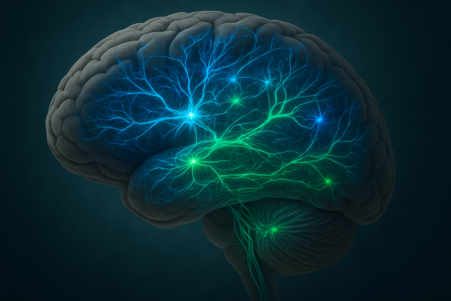 Create a realistic image of a detailed cross-section view of a human brain showing neural pathways and synapses with glowing connections, focusing on areas associated with addiction and recovery, featuring bright blue and green neural networks representing healthy rewired pathways, set against a dark medical background with soft clinical lighting, emphasizing the intricate neurological structures and dendrites in a scientific medical illustration style, absolutely NO text should be in the scene.