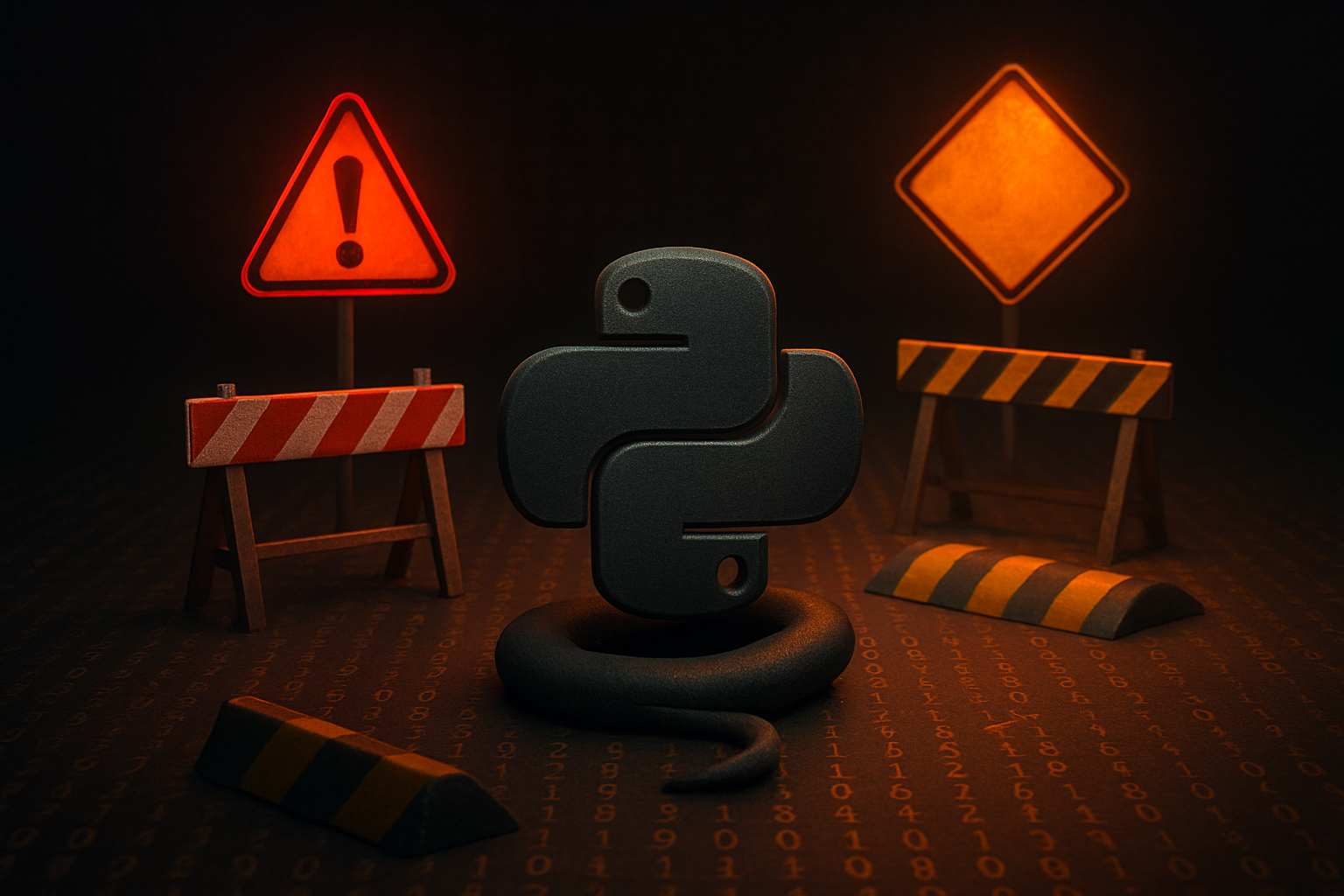 Create a realistic image of a Python programming symbol (snake icon) encountering various obstacles and warning signs, including roadblocks, caution barriers, and speed bumps on a digital pathway, with binary code patterns in the dark background, dramatic lighting casting shadows to emphasize the challenging nature of the path ahead, moody atmosphere with amber and red warning lights, absolutely NO text should be in the scene.