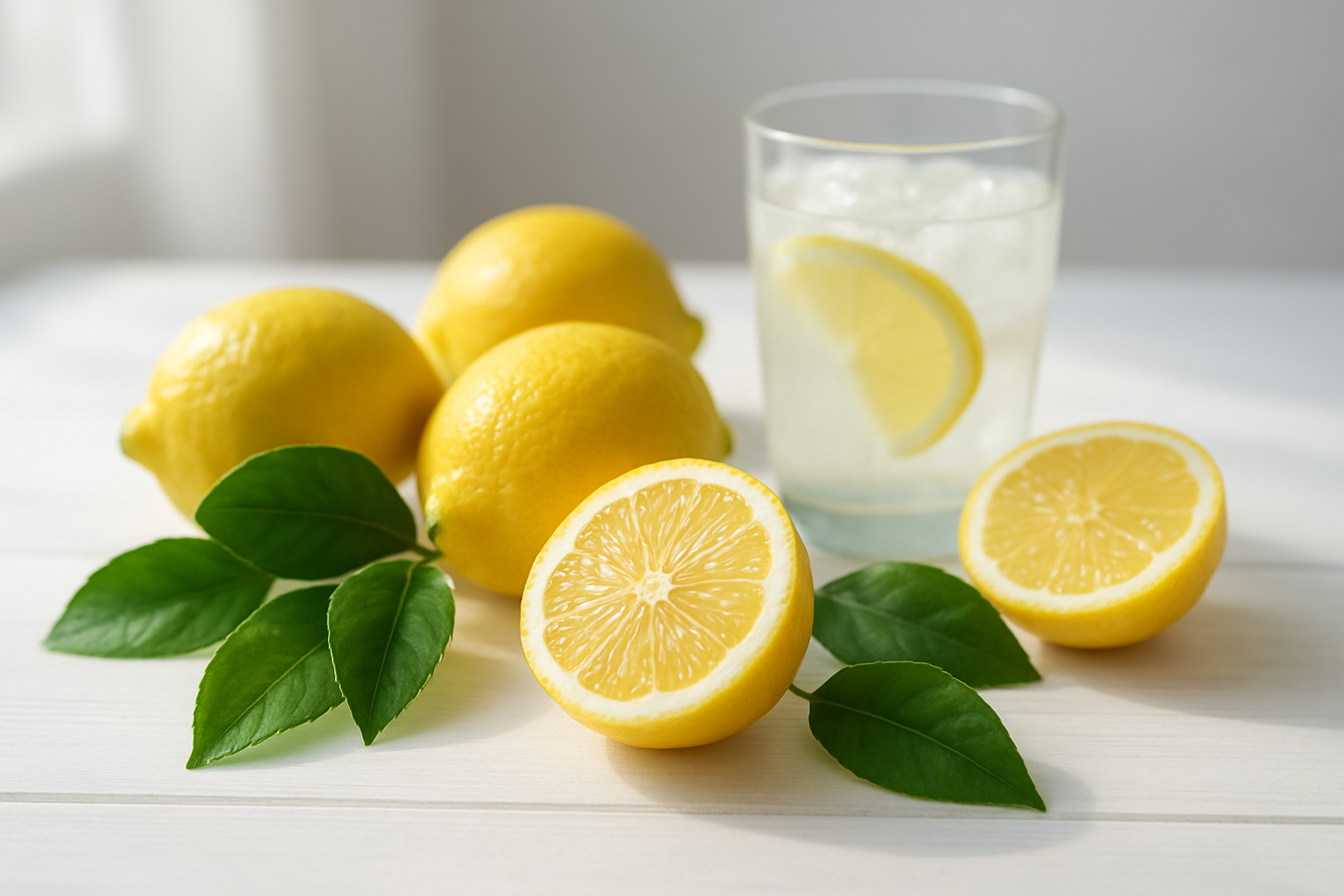 Create a realistic image of fresh yellow lemons artfully arranged on a clean white wooden table, with some lemons cut in half showing their juicy interior, surrounded by vibrant green lemon leaves, next to a glass of fresh lemon water with ice cubes, soft natural daylight streaming from the left side creating gentle shadows, bright and fresh atmosphere emphasizing health and vitality, shallow depth of field with the lemons in sharp focus, absolutely NO text should be in the scene.
