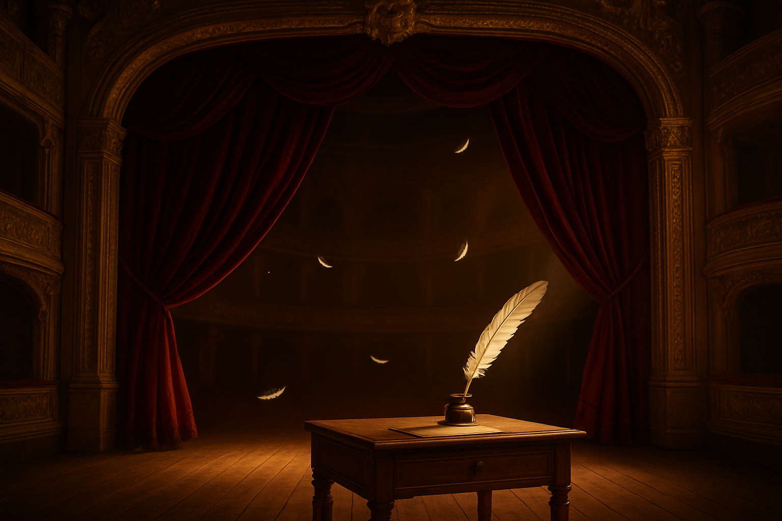 Create a realistic image of an elegant vintage theater stage with rich burgundy velvet curtains partially drawn, ornate golden decorative elements on the proscenium arch, warm amber stage lighting creating dramatic shadows, a few scattered white feathers floating in the air symbolizing poetry and romance, an antique wooden writing desk with a quill pen and inkwell in the foreground, and classic French theater architecture visible in the background, all conveying a sense of literary heritage and timeless dramatic artistry. Absolutely NO text should be in the scene.