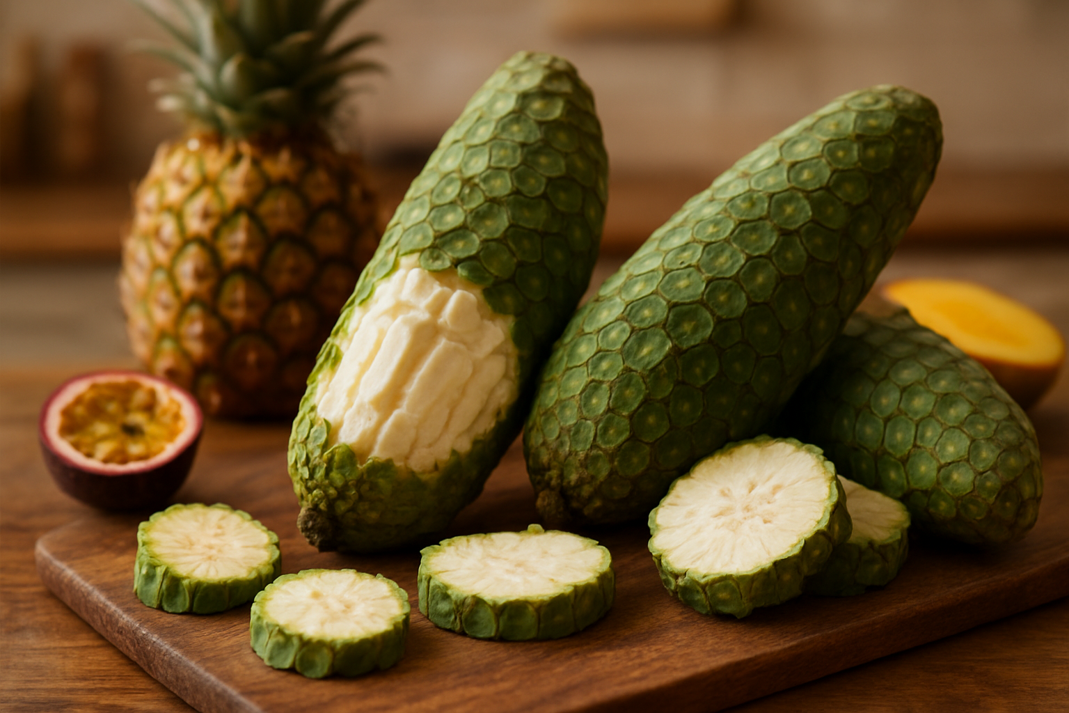 Create a realistic image of ripe Monstera Deliciosa fruits with hexagonal green scales peeling back to reveal creamy white flesh segments, arranged on a rustic wooden cutting board alongside tropical fruit preparation, with a few segments cut and displayed to show the interior texture, complemented by other exotic fruits like pineapple and passion fruit in soft natural lighting against a warm kitchen background, absolutely NO text should be in the scene.