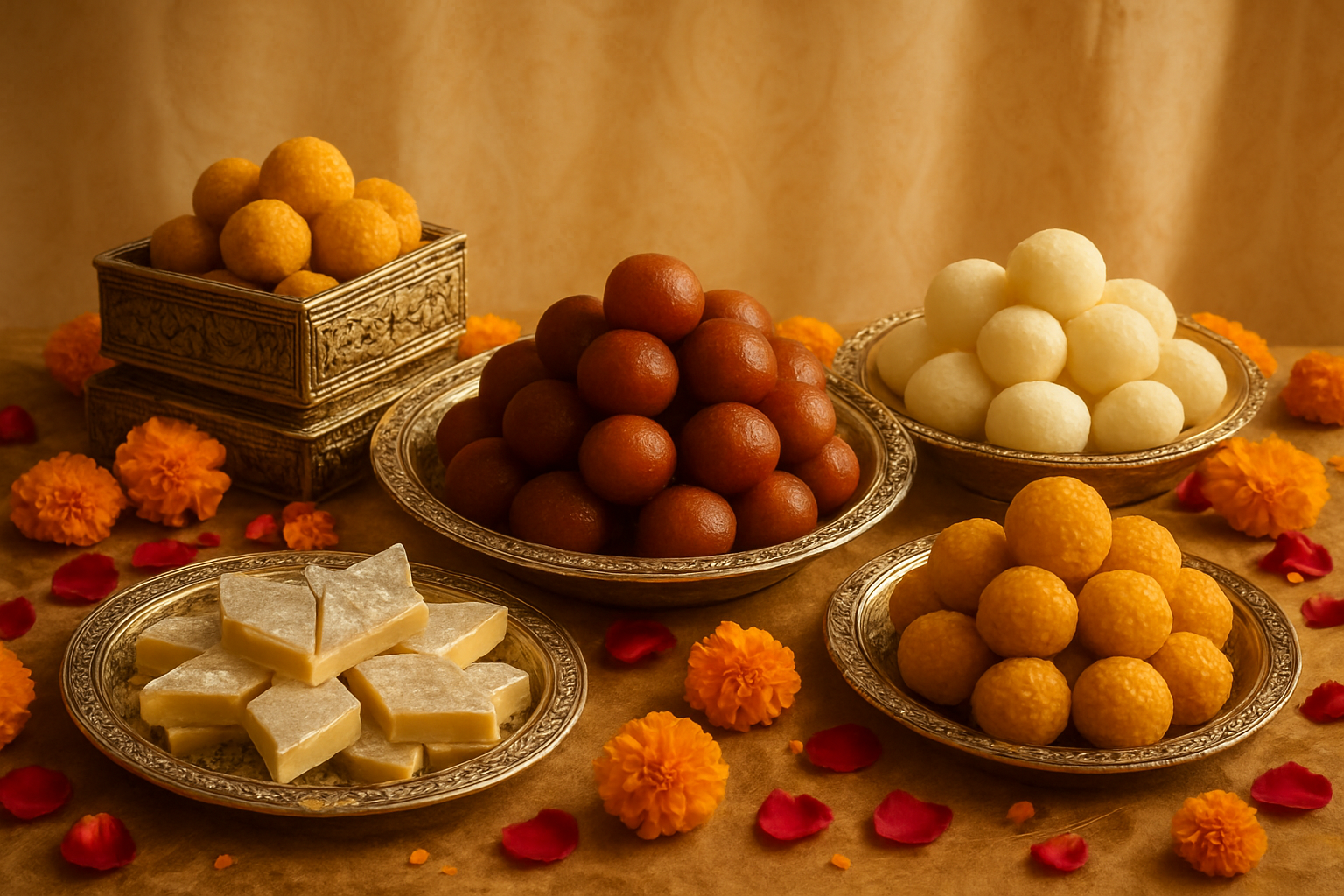 Create a realistic image of an elegant wedding mithai display table featuring an assortment of traditional Indian sweets including gulab jamun, rasgulla, kaju katli, and laddu arranged on ornate silver platters and decorative boxes, with warm golden lighting casting a festive glow, surrounded by marigold flowers and rose petals, set against a luxurious cream-colored backdrop with subtle traditional patterns, conveying celebration and abundance, absolutely NO text should be in the scene.