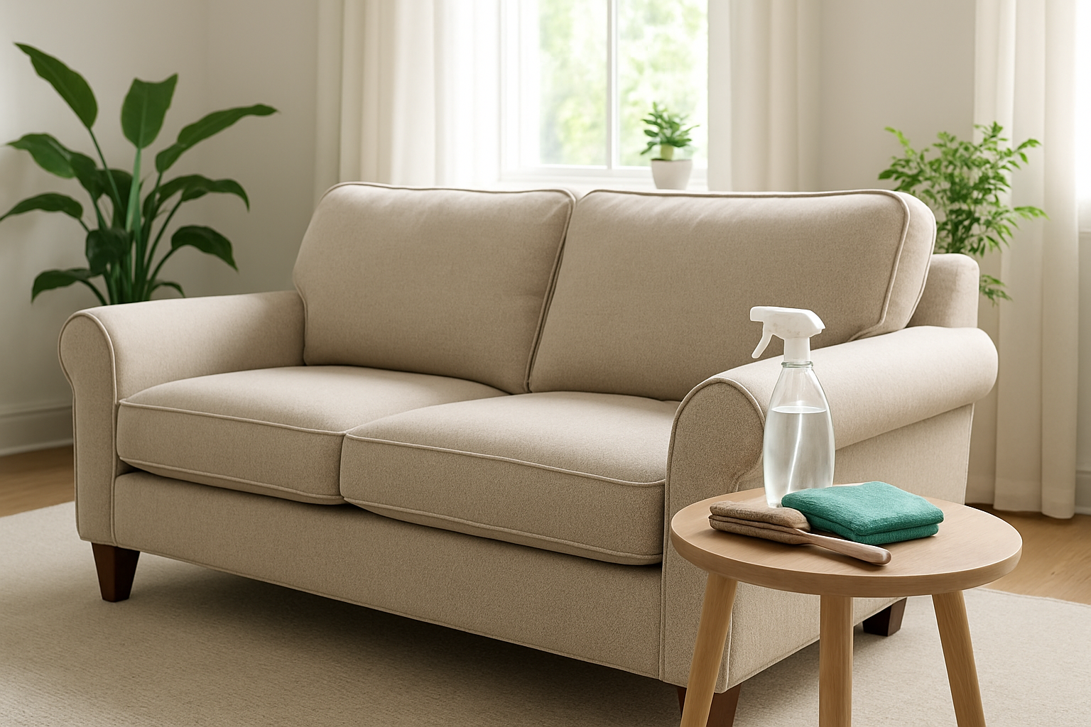 Create a realistic image of a well-maintained custom upholstered sofa in excellent condition placed in a bright, clean living room with soft natural lighting from a window, featuring cleaning supplies like a soft brush, microfiber cloth, and fabric protector spray neatly arranged on a side table nearby, with potted plants in the background creating a fresh atmosphere that conveys proper furniture care and maintenance, absolutely NO text should be in the scene.