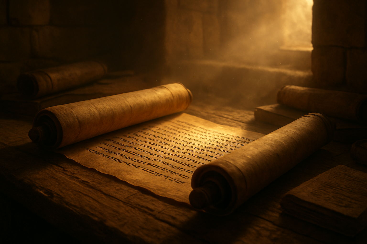 Create a realistic image of an ancient scroll partially unrolled revealing Hebrew text and prophecies, with warm golden sunlight streaming through the scene illuminating the parchment, surrounded by other aged scrolls and ancient texts on a wooden table, with a subtle ethereal glow suggesting divine fulfillment, set in a dimly lit ancient study or temple chamber with stone walls, conveying a sense of sacred anticipation and prophetic completion, absolutely NO text should be in the scene.