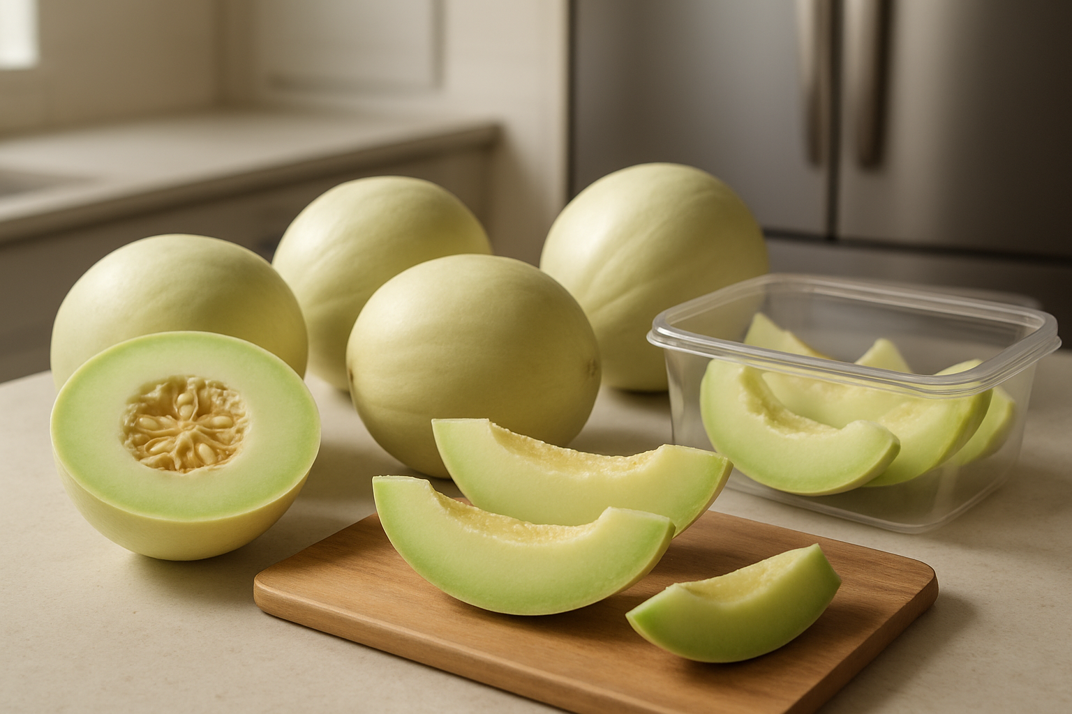 Create a realistic image of fresh honeydew melons in various stages of selection and storage, featuring whole uncut honeydew melons with pale green to creamy white rinds, some cut honeydew pieces showing the pale green flesh, arranged on a clean kitchen counter next to a wooden cutting board, with storage containers and a refrigerator slightly visible in the background, soft natural kitchen lighting creating a warm and inviting atmosphere, absolutely NO text should be in the scene.