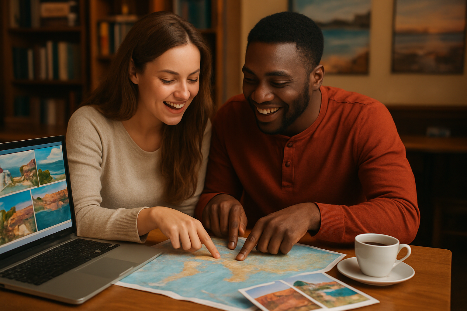 Create a realistic image of a white female and black male couple sitting together at a cozy cafe table with travel planning materials spread out, including a world map, travel brochures featuring romantic destinations, a laptop computer showing destination photos, and two coffee cups, with soft warm lighting creating an intimate atmosphere, bookshelves and travel posters visible in the blurred background, the couple appearing engaged in excited conversation while pointing at locations on the map, absolutely NO text should be in the scene.