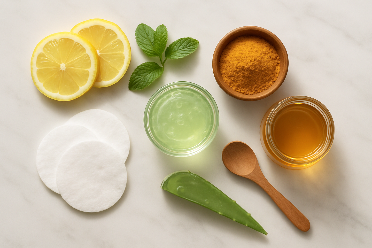 Create a realistic image of a serene skincare flat lay featuring natural ingredients for pigmentation treatment including fresh lemon slices, turmeric powder in a small wooden bowl, aloe vera gel, honey in a glass jar, and fresh mint leaves arranged aesthetically on a clean white marble surface, with soft natural lighting from above creating gentle shadows, surrounded by cotton pads and a small wooden spoon, conveying a sense of natural healing and skincare completion, absolutely NO text should be in the scene.