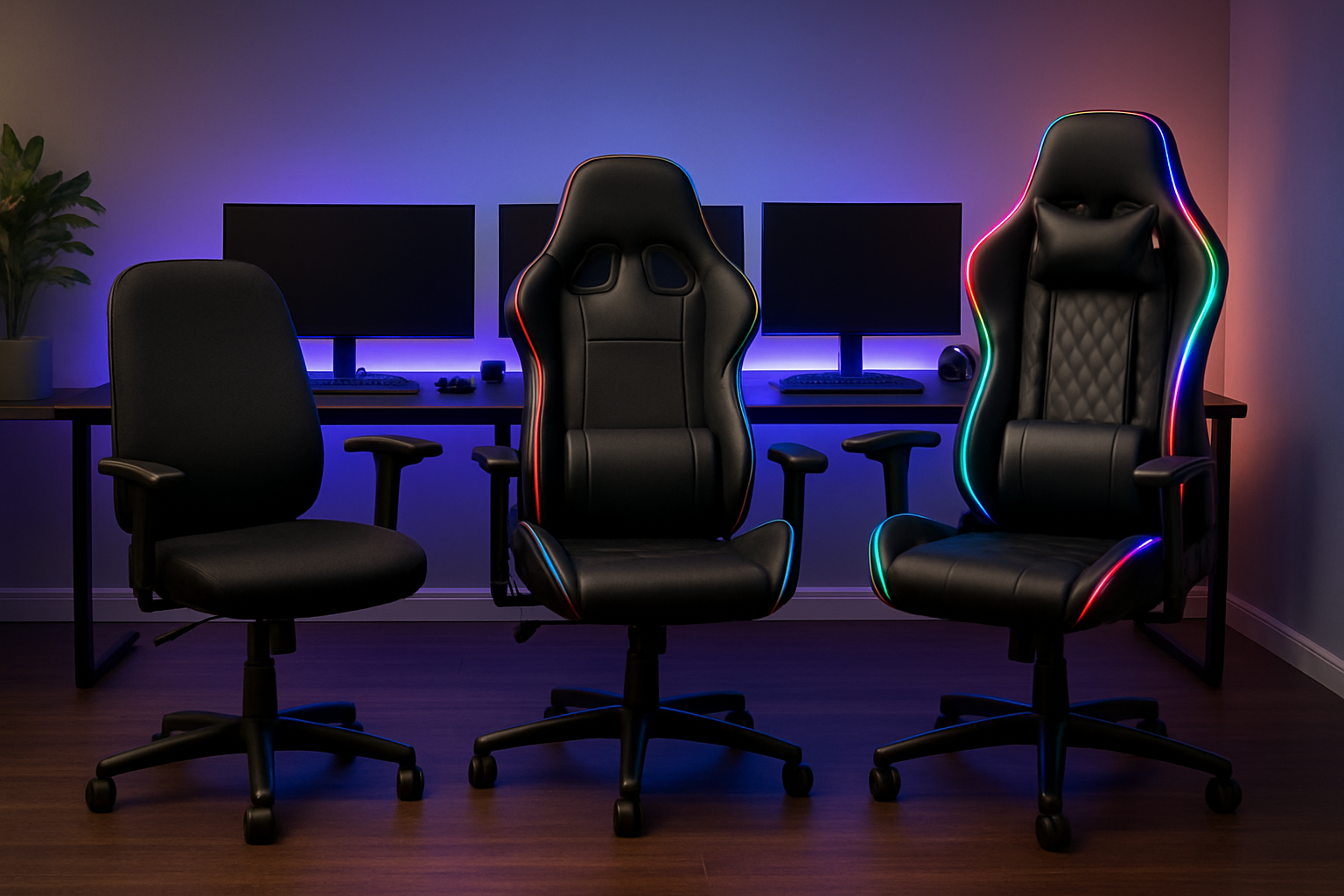 Create a realistic image of a modern gaming setup room showcasing three different gaming chairs arranged side by side - a simple black budget chair on the left, a mid-range ergonomic chair with colorful accents in the center, and a premium high-back leather gaming chair with RGB lighting on the right, positioned in front of sleek gaming desks with monitors, keyboards, and gaming accessories, set in a contemporary room with ambient purple and blue LED strip lighting, dark hardwood flooring, and minimalist decor in the background, creating a comparison scene that demonstrates the evolution from basic to premium gaming furniture options, with warm atmospheric lighting highlighting the distinct features and quality differences of each chair. Absolutely NO text should be in the scene.