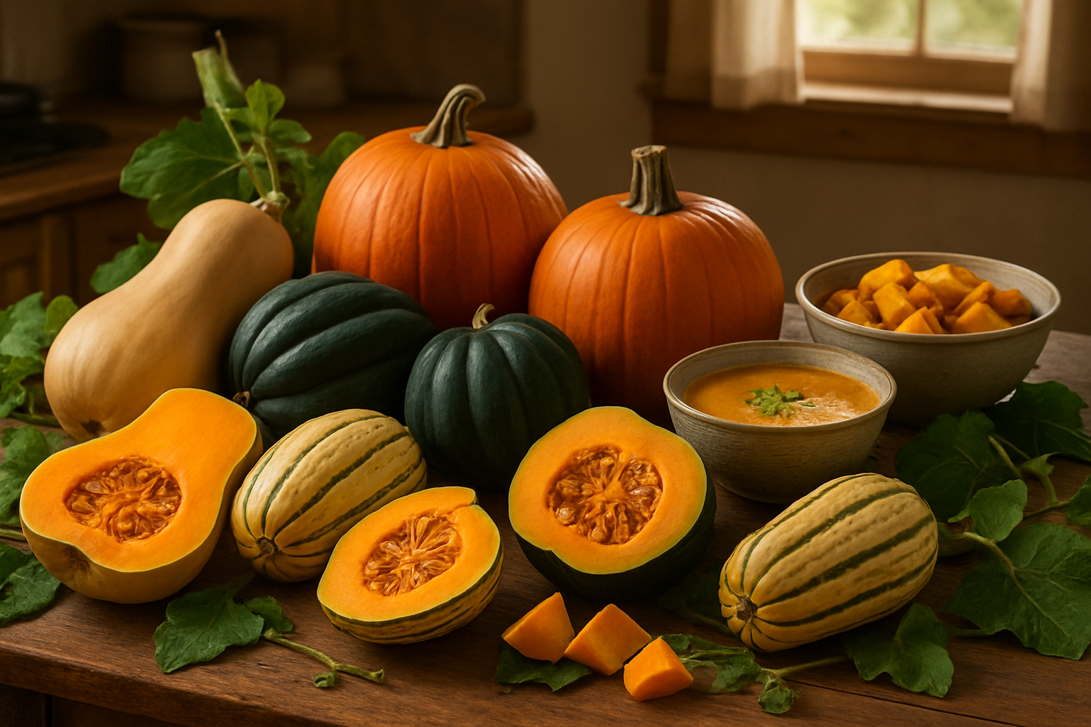 Create a realistic image of a beautiful harvest display featuring various colorful squash fruits including butternut squash, acorn squash, delicata squash, and pumpkins arranged on a rustic wooden table, with some cut open to show the vibrant orange flesh and seeds inside, surrounded by fresh green leaves and vines, with a cozy kitchen background featuring warm natural lighting from a window, complemented by a few prepared squash dishes like roasted cubes and soup in ceramic bowls, creating an inviting and abundant autumn harvest atmosphere that celebrates the versatility and appeal of squash as both fresh produce and delicious food, absolutely NO text should be in the scene.