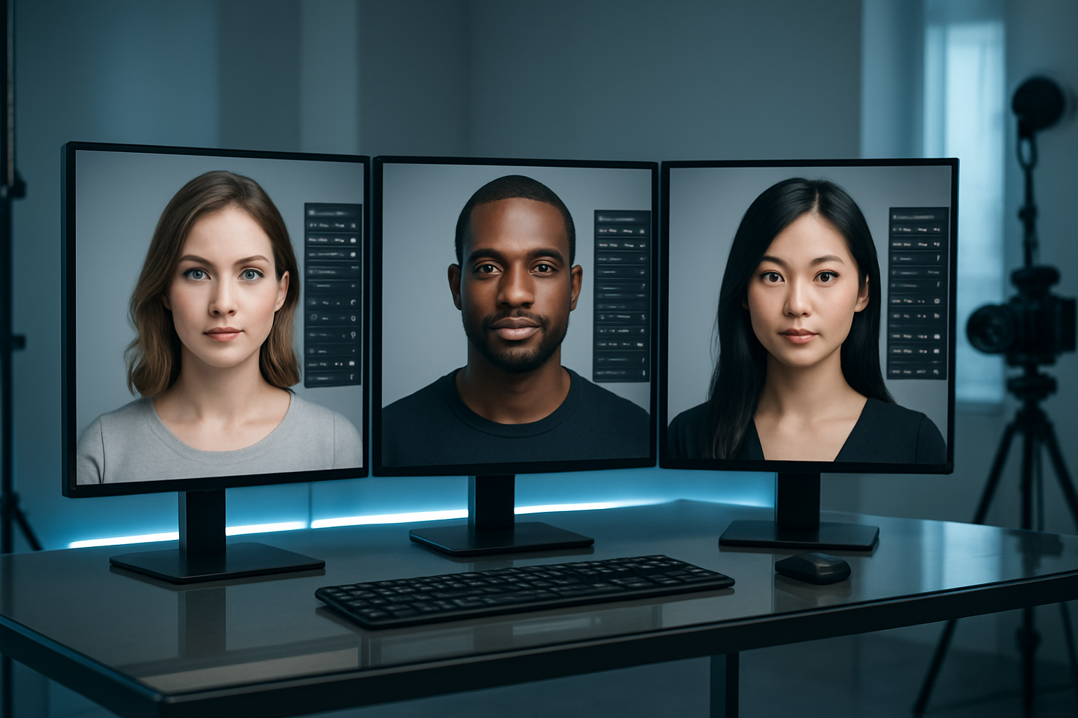 Create a realistic image of a sleek modern computer workstation with multiple high-resolution monitors displaying various AI-generated avatars in different styles and ethnicities, including a white female avatar, black male avatar, and Asian female avatar, with customization interface panels showing facial feature sliders and styling options, set in a contemporary tech workspace with soft blue LED ambient lighting, professional photography equipment visible in the background, and a clean minimalist aesthetic with glass and chrome surfaces, Absolutely NO text should be in the scene.