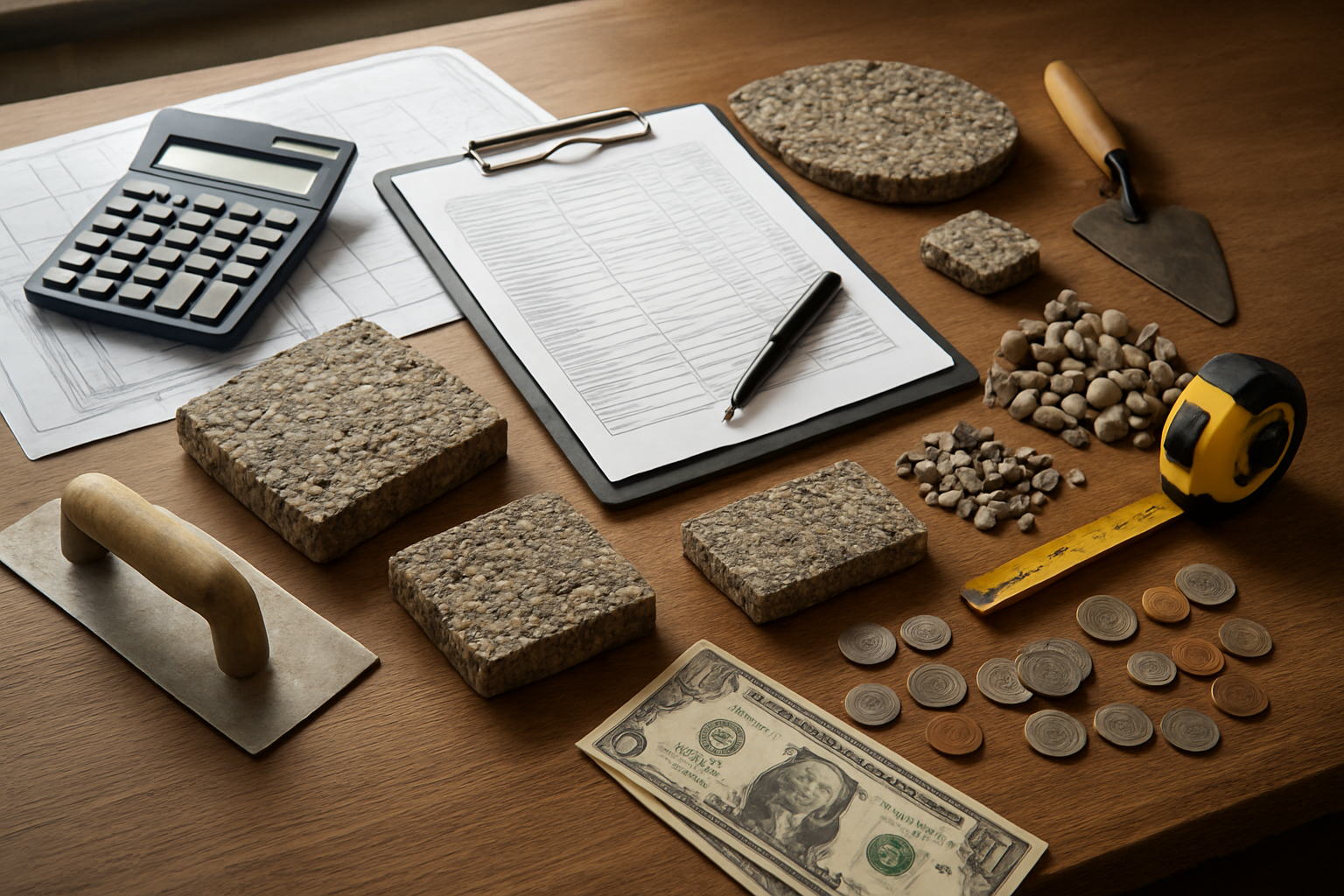 Create a realistic image of a detailed cost breakdown visualization for exposed aggregate driveway installation featuring a calculator, construction blueprints, material samples of exposed aggregate concrete, measuring tools, a clipboard with itemized pricing sheets, scattered coins and dollar bills, concrete aggregate stones in different sizes and colors, construction tools like trowels and floats, all arranged on a wooden desk surface with natural daylight streaming from a window, creating a professional contractor's workspace atmosphere, Absolutely NO text should be in the scene.