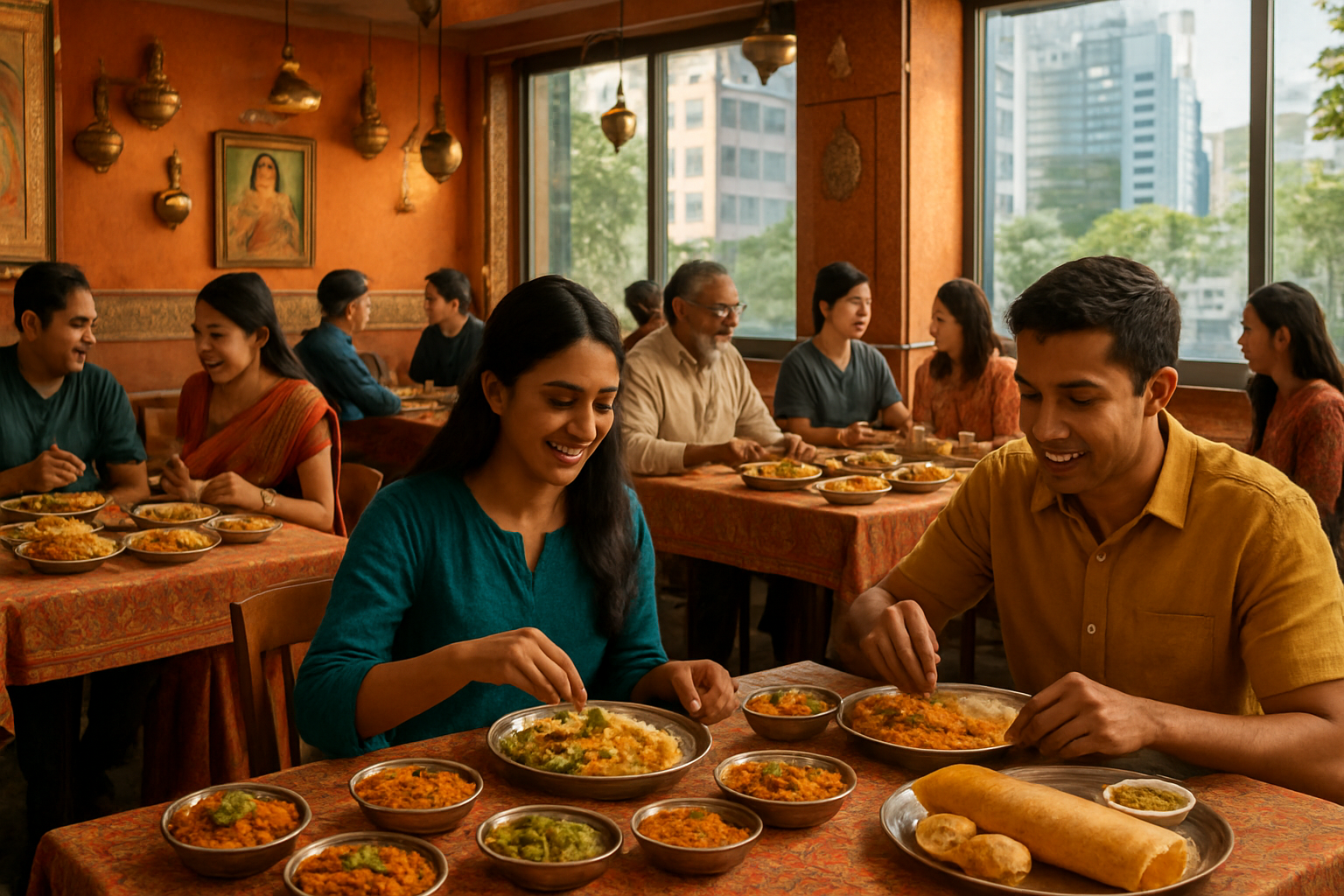 image of a thriving Indian vegetarian restaurant interior in Singapore, showcasing a vibrant and welcoming dining scene with colorful traditional Indian dishes like dosas, curries, and biryanis displayed on tables, a diverse group of Asian and Indian customers enjoying their meals, warm golden lighting highlighting the rich colors of the food, decorated with subtle Indian cultural elements like brass accents and vibrant patterns, with large windows in the background hinting at a modern Singapore cityscape, conveying a sense of cultural harmony and culinary prosperity. Absolutely NO text should be in the scene.