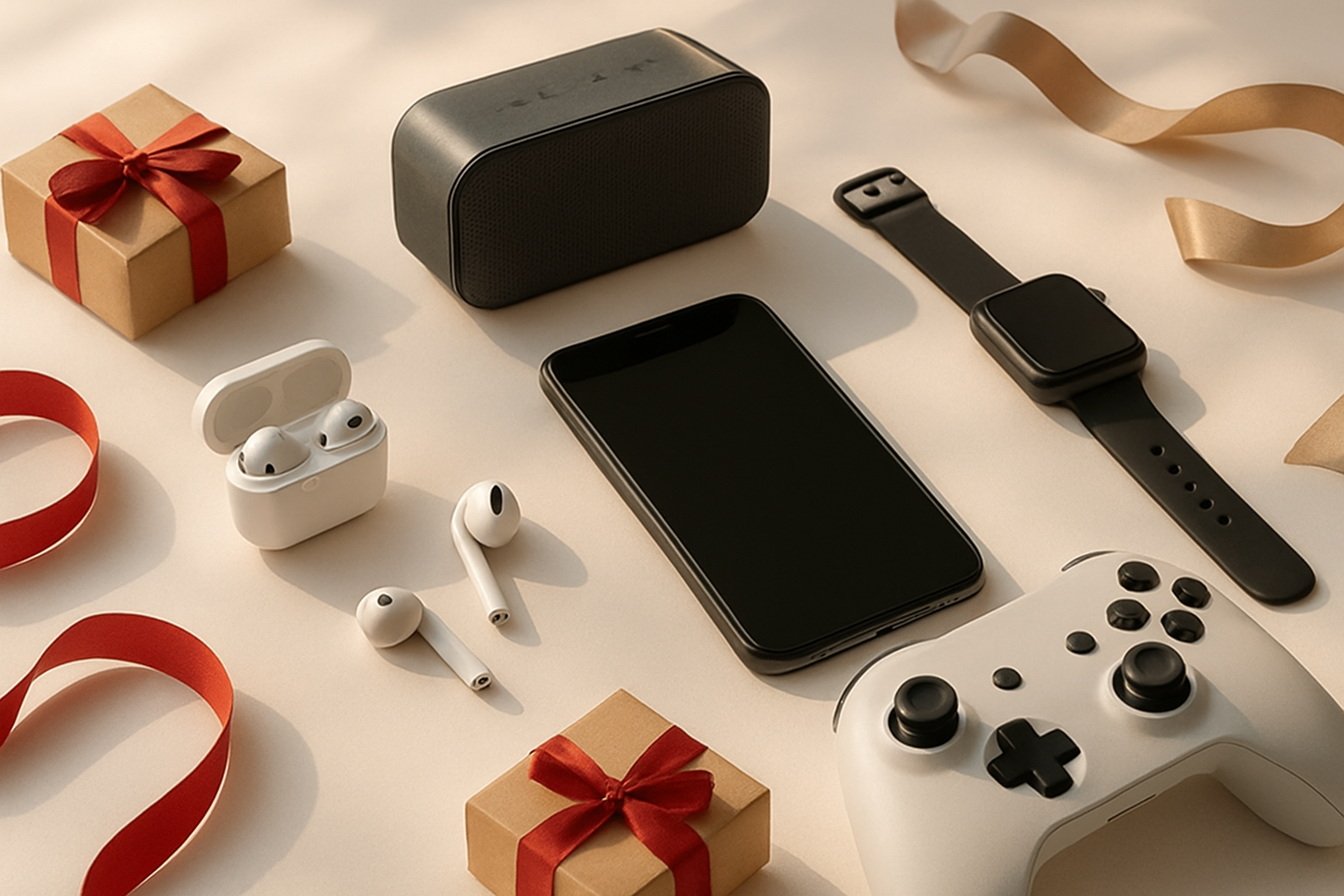 Create a realistic image of modern tech gadgets arranged aesthetically on a clean white surface, including wireless earbuds, a smartphone, a smartwatch, portable bluetooth speaker, and gaming controller, with soft natural lighting creating gentle shadows, warm and inviting atmosphere suggesting connection and communication, Christmas gift wrapping materials like ribbons and small gift boxes scattered subtly around the gadgets, absolutely NO text should be in the scene.