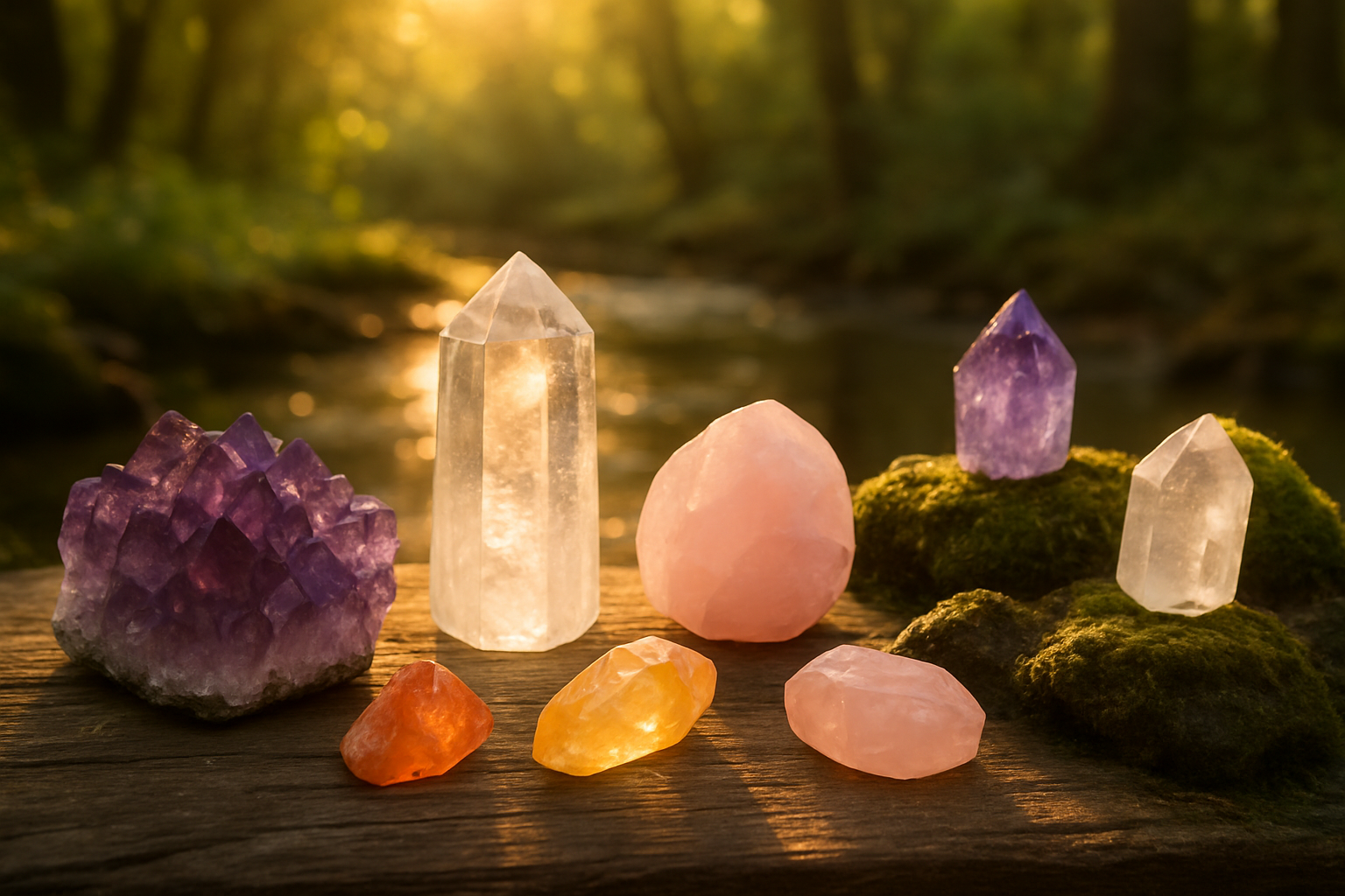 Create a realistic image of various colorful crystals and gemstones (amethyst, quartz, rose quartz, citrine) arranged on a wooden surface outdoors during golden hour sunlight, with some crystals placed on moss-covered rocks near a gentle stream, others positioned to catch direct sunlight rays filtering through tree branches, creating a serene natural setting that emphasizes the connection between crystals and natural energy sources for recharging purposes, with soft warm lighting and a peaceful forest background. Absolutely NO text should be in the scene.
