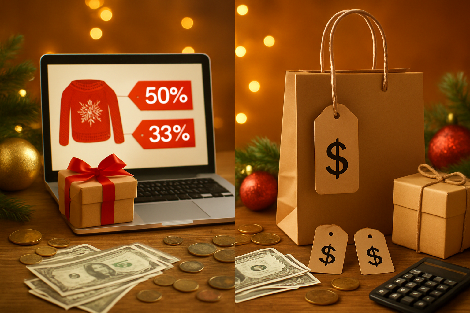 Create a realistic image of a split-screen comparison showing online shopping savings on one side with a laptop displaying discounted Christmas gift prices and sale percentages, and in-store shopping on the other side with traditional price tags and shopping bags, featuring scattered coins, dollar bills, a calculator, and Christmas decorations like ornaments and pine branches in the background, with warm golden lighting that emphasizes the cost-saving theme, absolutely NO text should be in the scene.