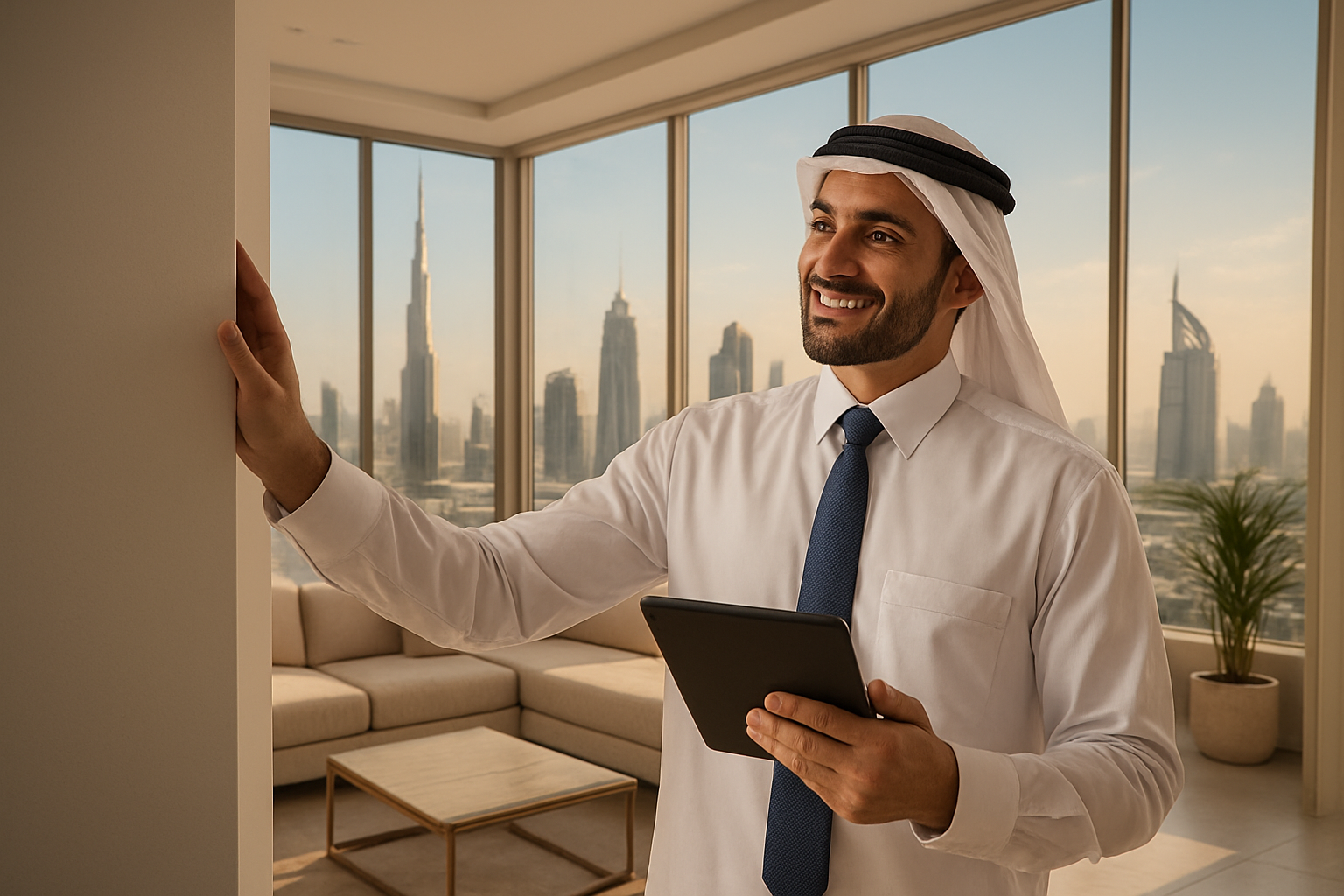 Create a realistic image of a modern luxury apartment or villa in Dubai with glass windows showing the city's skyline in the background, featuring a Middle Eastern male property inspector in professional attire holding a tablet and clipboard while examining wall corners and fixtures, with a satisfied expression indicating successful property evaluation, warm natural lighting streaming through large windows, creating an atmosphere of professionalism and financial security, with Dubai's iconic buildings visible in the distance, absolutely NO text should be in the scene.