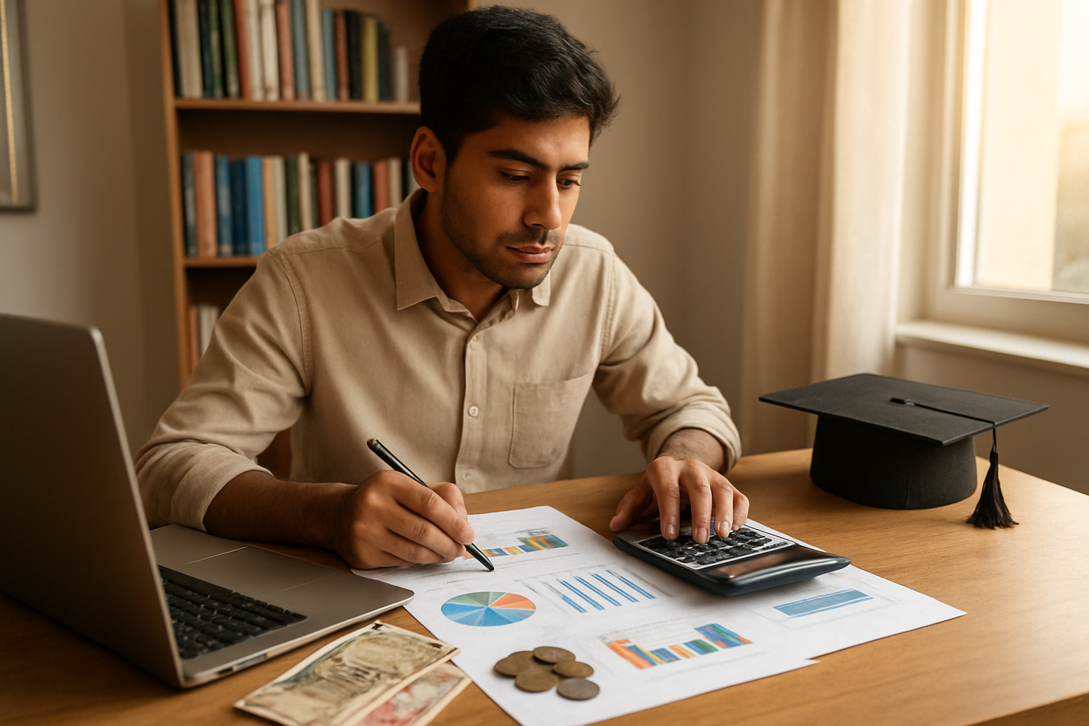 Create a realistic image of a young Indian male student in his early twenties sitting at a modern desk with a laptop, calculator, and financial documents spread out, carefully analyzing education costs and career prospects charts, with Indian rupee notes and coins visible on the desk, a graduation cap placed nearby, and a bookshelf filled with academic books in the background, warm natural lighting streaming through a window creating a focused and determined atmosphere, absolutely NO text should be in the scene.