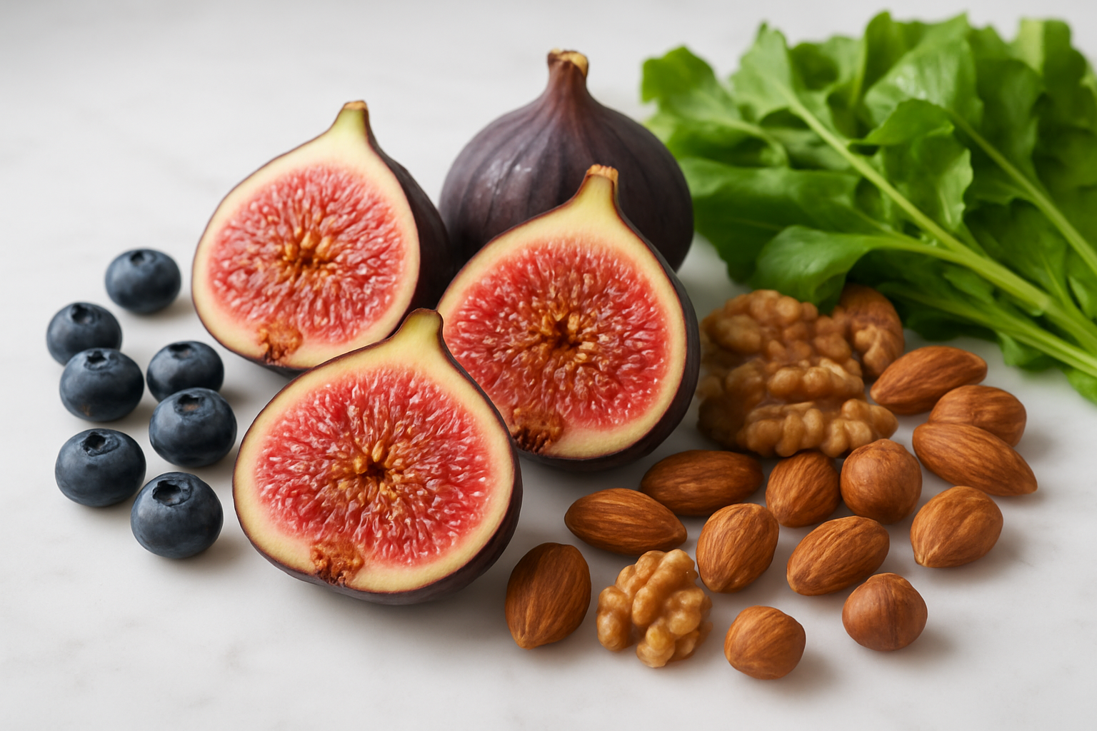Create a realistic image of fresh figs cut in half displaying their vibrant pink and red flesh with seeds, arranged alongside colorful superfoods like blueberries, nuts, and leafy greens on a clean white marble surface, with soft natural lighting highlighting the rich textures and colors of the nutritious foods, creating a healthy and appetizing composition that emphasizes the superfood qualities of figs, absolutely NO text should be in the scene.