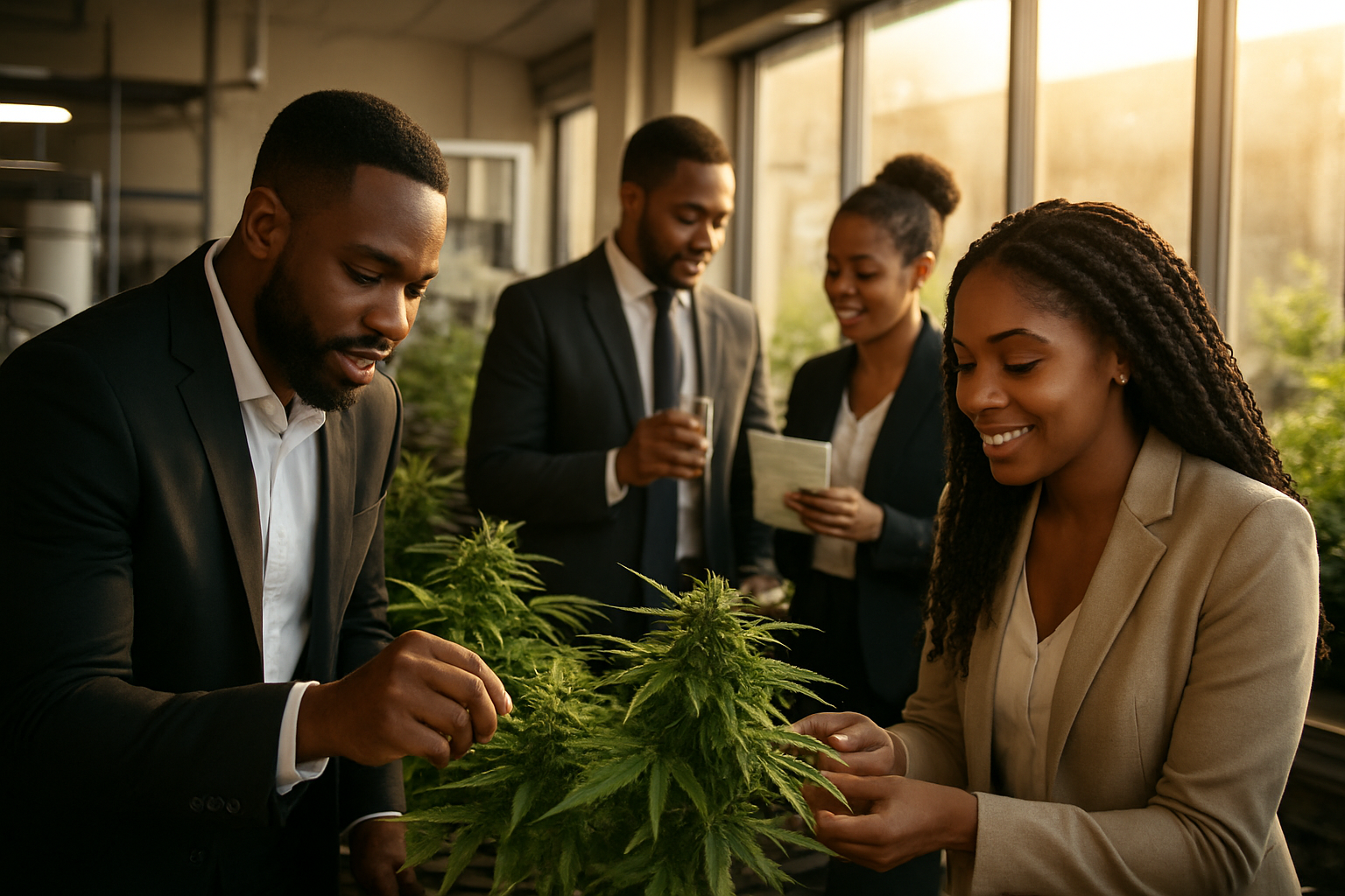 Create a realistic image of a modern cannabis dispensary or cultivation facility with black male and female entrepreneurs and workers collaborating in a professional environment, showing diverse black individuals in business attire examining cannabis plants and products, with warm natural lighting streaming through large windows, conveying a sense of growth, success, and forward momentum in the industry, surrounded by healthy green cannabis plants and modern equipment, creating an atmosphere of professionalism and prosperity, absolutely NO text should be in the scene.