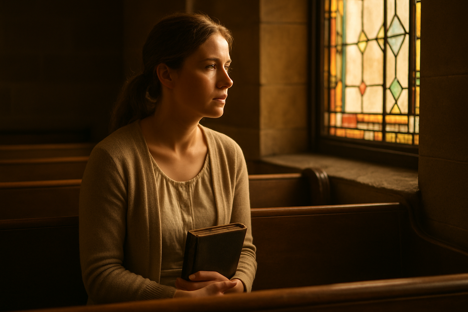 Create a realistic image of a young white Christian woman sitting alone on a wooden church pew, looking pensively out a stained glass window with soft morning light streaming through, her hands clasped in her lap holding a worn leather Bible, with empty pews visible in the background creating a sense of solitude and contemplation, the lighting should be warm and gentle with golden hues, conveying a mood of quiet reflection and spiritual struggle, absolutely NO text should be in the scene.
