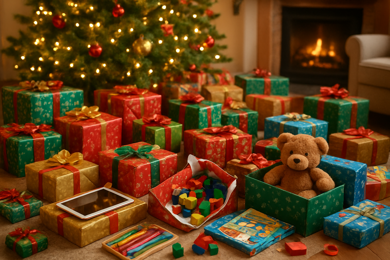 Create a realistic image of a diverse collection of wrapped Christmas gifts in various sizes scattered around a beautifully decorated Christmas tree, with colorful wrapping paper in reds, greens, golds, and blues, some gifts partially unwrapped to reveal toys like building blocks, art supplies, a tablet, stuffed animals, and board games, warm golden lighting from the Christmas tree lights creating a cozy holiday atmosphere, with a comfortable living room setting featuring a fireplace in the background, capturing the joy and excitement of Christmas morning gift-giving, Absolutely NO text should be in the scene.