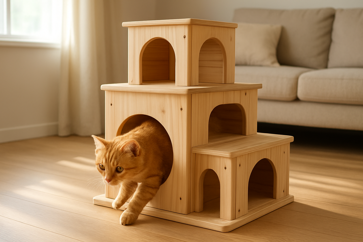 Create a realistic image of a beautiful wooden cat maze toy made from natural light-colored wood with multiple levels, tunnels, and hiding spots, positioned on a clean wooden floor in a bright living room, with a curious orange tabby cat actively exploring and playing inside the maze structure, showcasing the toy's sturdy construction and engaging design, soft natural lighting streaming through a nearby window creating warm shadows, peaceful and enriching home environment atmosphere, absolutely NO text should be in the scene.