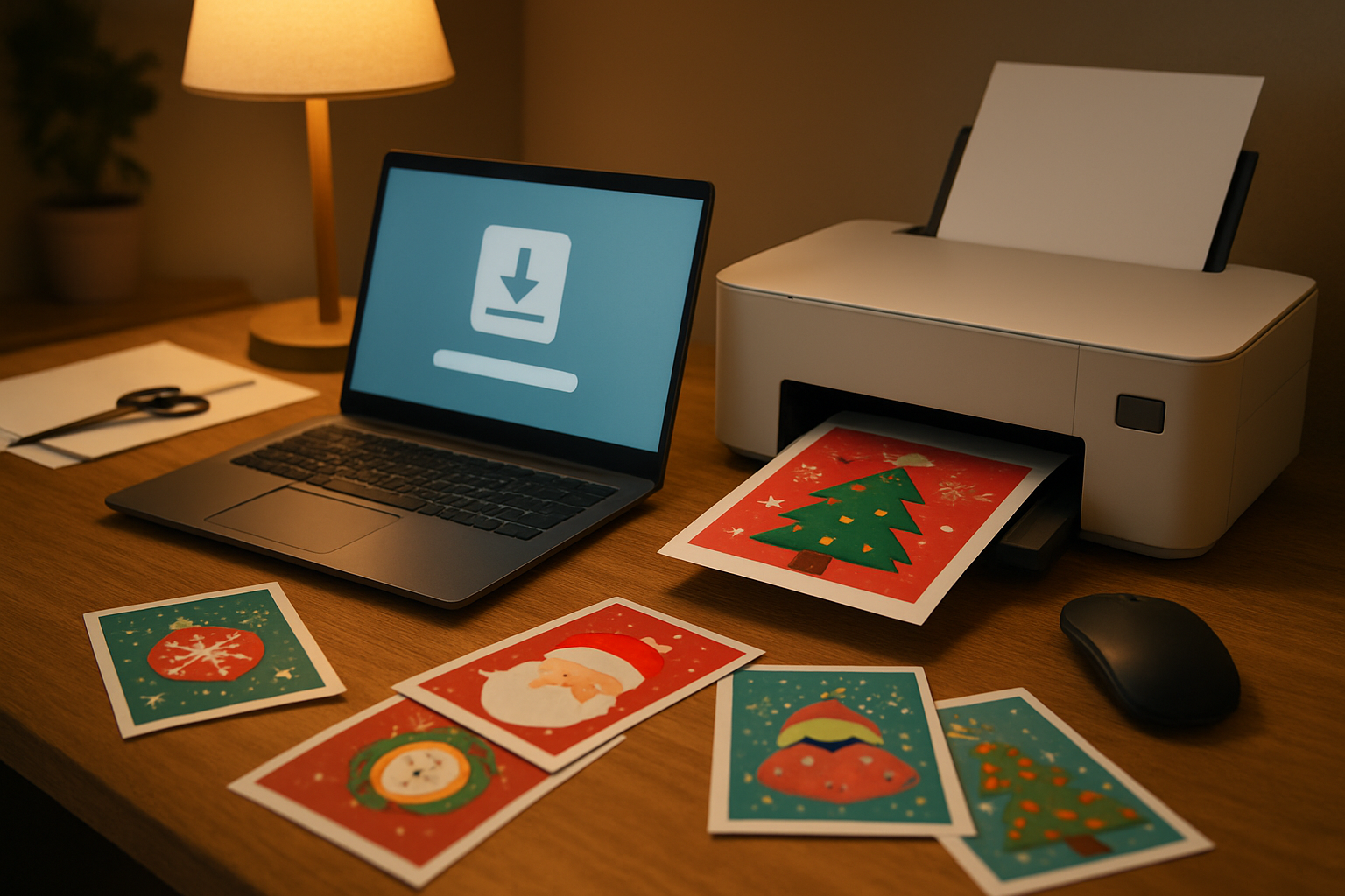 Create a realistic image of a home office desk scene with a laptop computer displaying a digital download interface, a modern printer actively printing colorful Christmas and New Year holiday cards, several freshly printed cards scattered on the wooden desk surface showing festive designs, a computer mouse, and some office supplies like scissors and paper in the background, warm ambient lighting from a desk lamp, cozy indoor atmosphere, absolutely NO text should be in the scene.