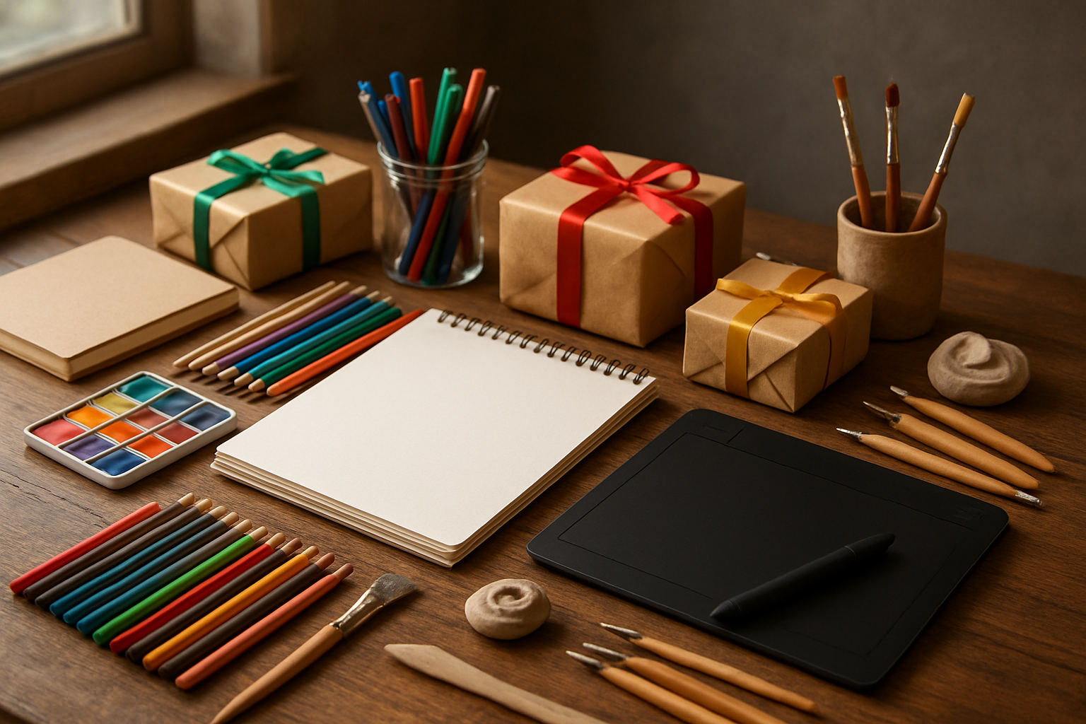 Create a realistic image of art supplies and creative materials artfully arranged on a wooden desk, including sketchbooks, colored pencils, watercolor paints, brushes, markers, a digital drawing tablet, clay sculpting tools, and craft supplies, with soft natural lighting from a nearby window creating gentle shadows, wrapped gift boxes with colorful ribbons scattered among the supplies, in a cozy indoor setting with warm lighting that evokes the holiday spirit, Absolutely NO text should be in the scene.