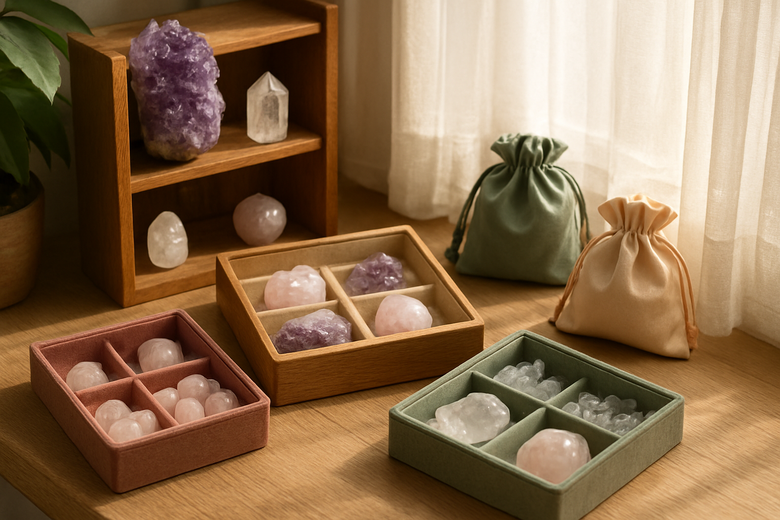 Create a realistic image of a serene indoor space showcasing various crystal storage solutions, featuring wooden shelves, velvet-lined jewelry boxes, and silk pouches arranged on a sunlit windowsill, with colorful crystals like amethyst, rose quartz, and clear quartz displayed in organized compartments, soft natural lighting streaming through sheer curtains creating gentle shadows, peaceful and organized atmosphere with plants in the background, warm and inviting mood that emphasizes harmony and positive energy flow, absolutely NO text should be in the scene.