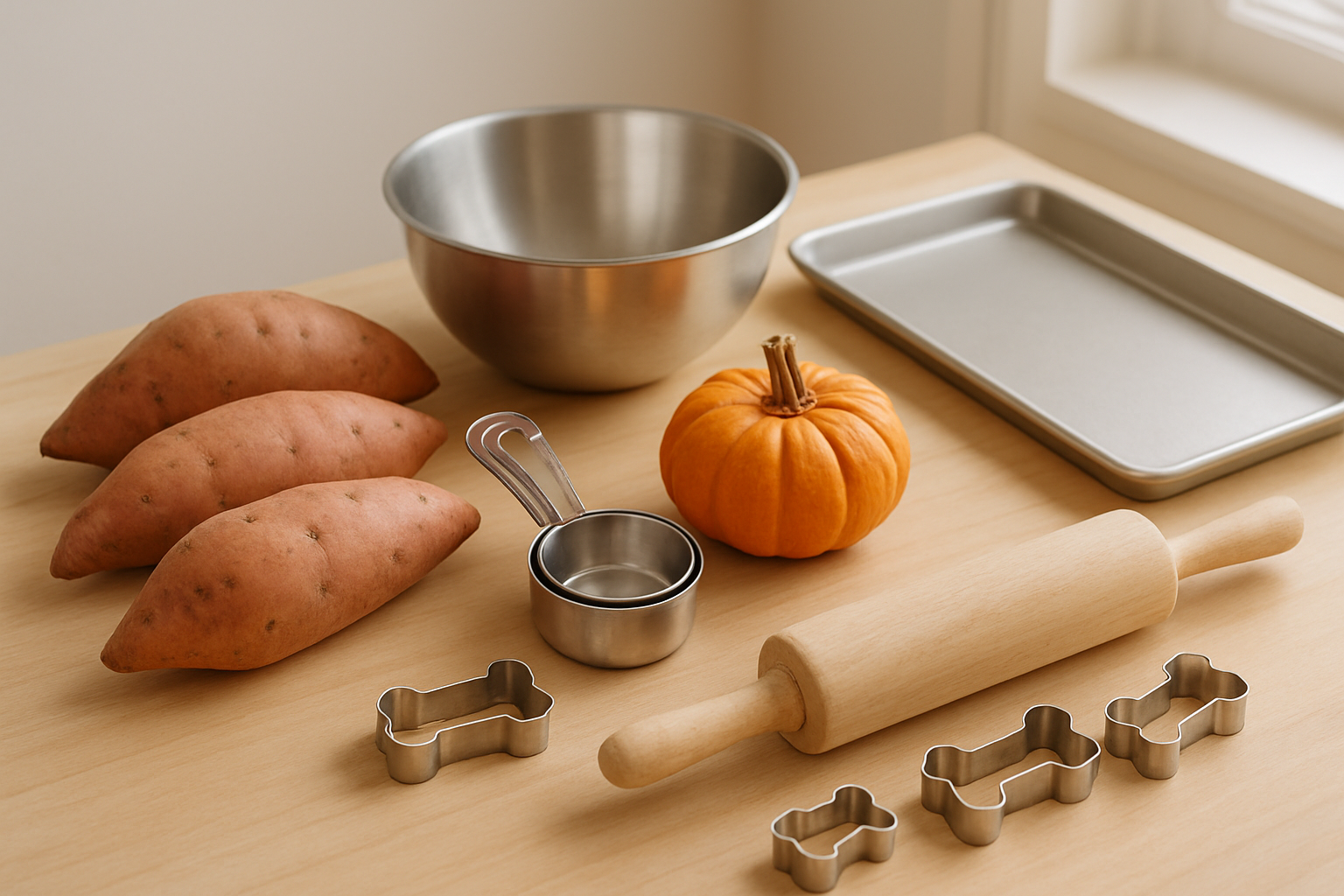 Create a realistic image of a clean kitchen counter displaying fresh sweet potatoes and a small pumpkin alongside essential baking tools including measuring cups, a mixing bowl, baking sheet, rolling pin, and cookie cutters in bone shapes, all arranged neatly on a light wooden surface with soft natural lighting from a nearby window, creating a warm and inviting atmosphere for homemade dog treat preparation, absolutely NO text should be in the scene.