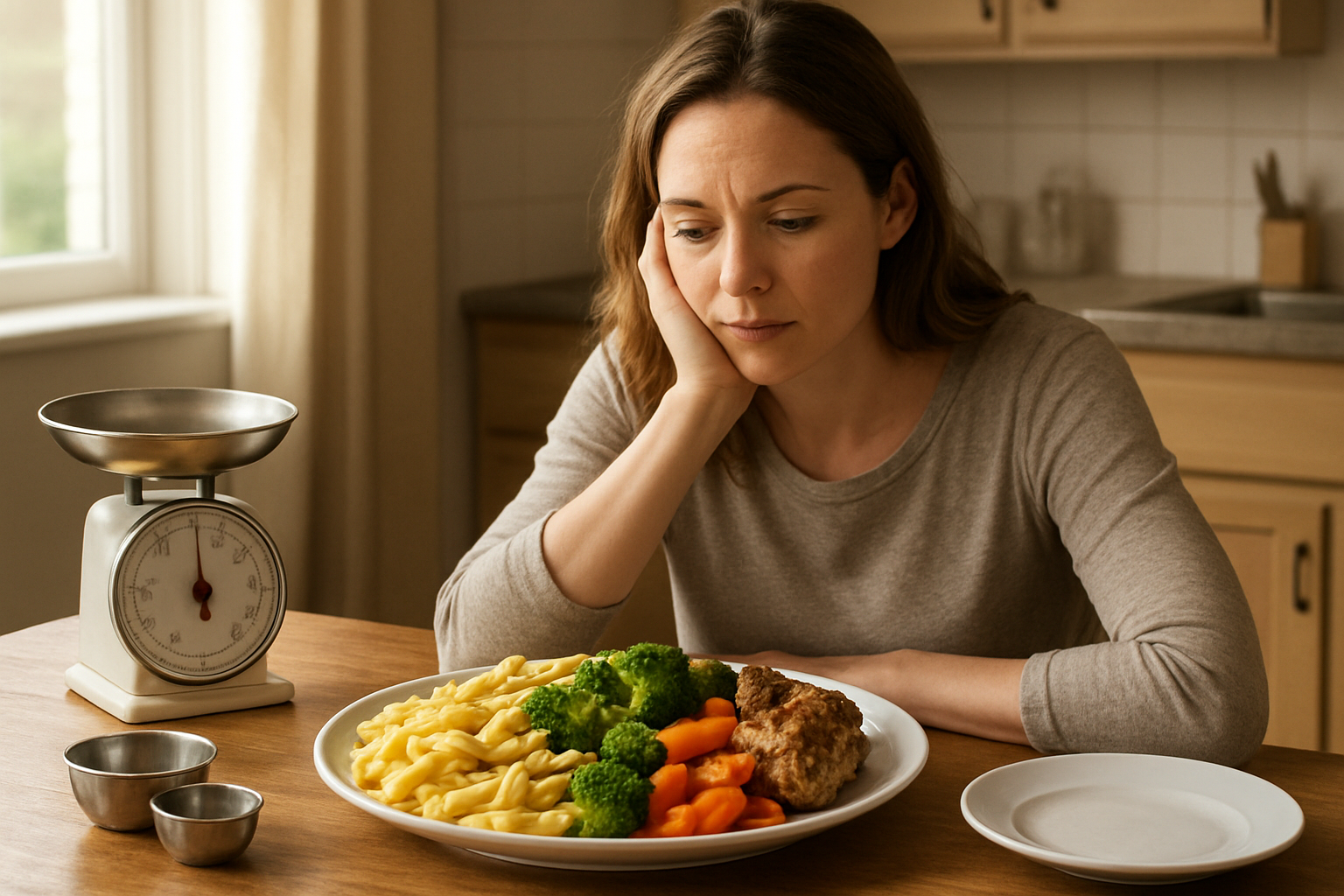 Create a realistic image of a white female sitting at a kitchen table looking thoughtfully at an oversized plate of food with large portions of pasta, vegetables, and meat, with a smaller empty plate beside her, kitchen scale and measuring cups visible on the wooden table surface, warm natural lighting from a nearby window, conveying a contemplative mood about food portion decisions, absolutely NO text should be in the scene.