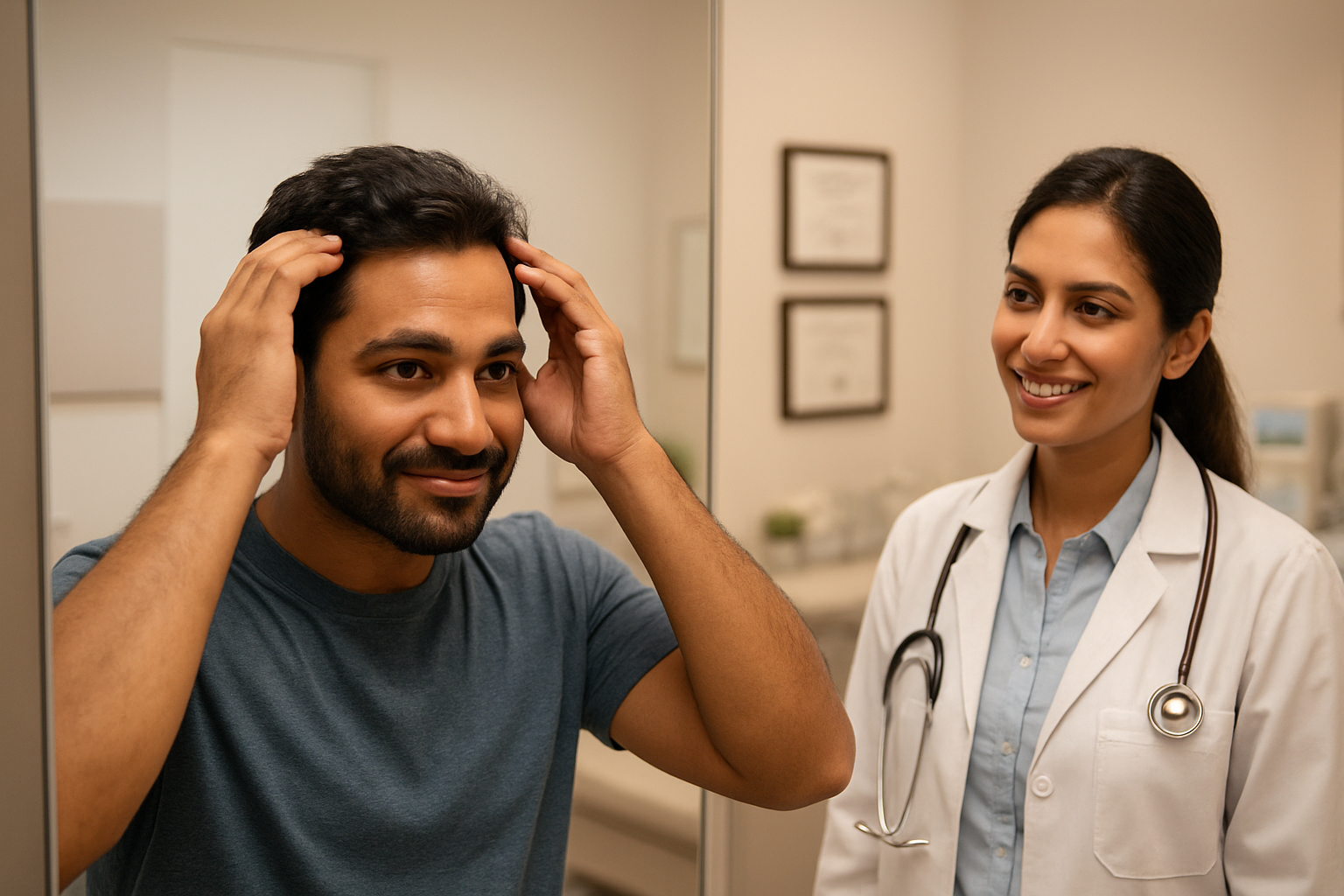 Create a realistic image of a confident South Asian male patient in his 30s looking at himself in a modern clinic mirror, showing visible hair regrowth and fuller hairline, with a professional Indian female doctor in a white coat standing beside him in a clean, well-lit medical facility with contemporary equipment and certificates on the wall, warm and hopeful lighting creating an atmosphere of success and satisfaction, absolutely NO text should be in the scene.