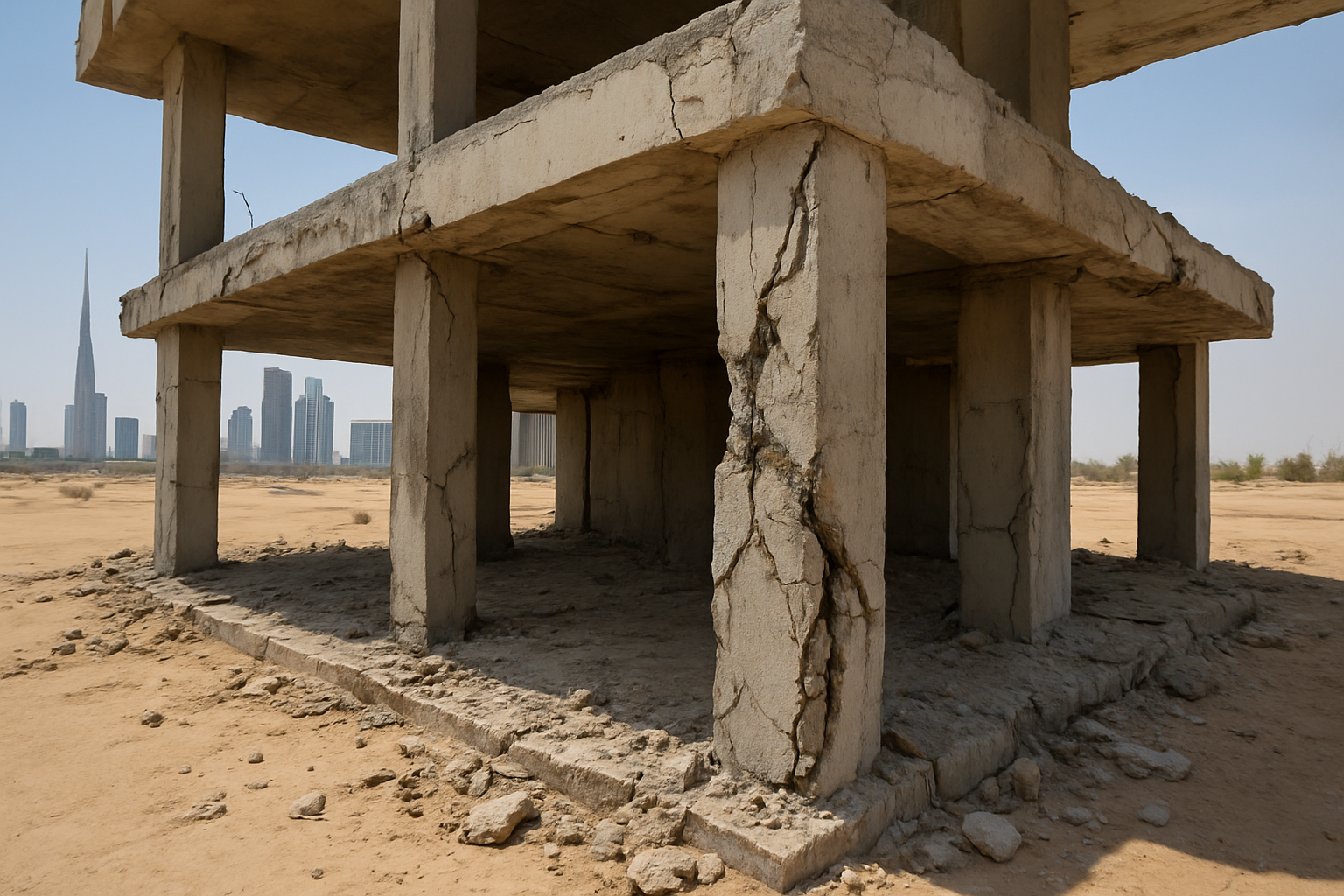 Create a realistic image of a damaged concrete building structure in the UAE showing visible structural defects including large cracks running through concrete walls and columns, exposed rusted steel reinforcement bars, crumbling concrete pieces on the ground, and signs of foundation settlement with uneven surfaces, set against a desert landscape with modern Dubai-style buildings in the background under harsh sunlight, creating a concerning and serious mood that emphasizes safety hazards, Absolutely NO text should be in the scene.