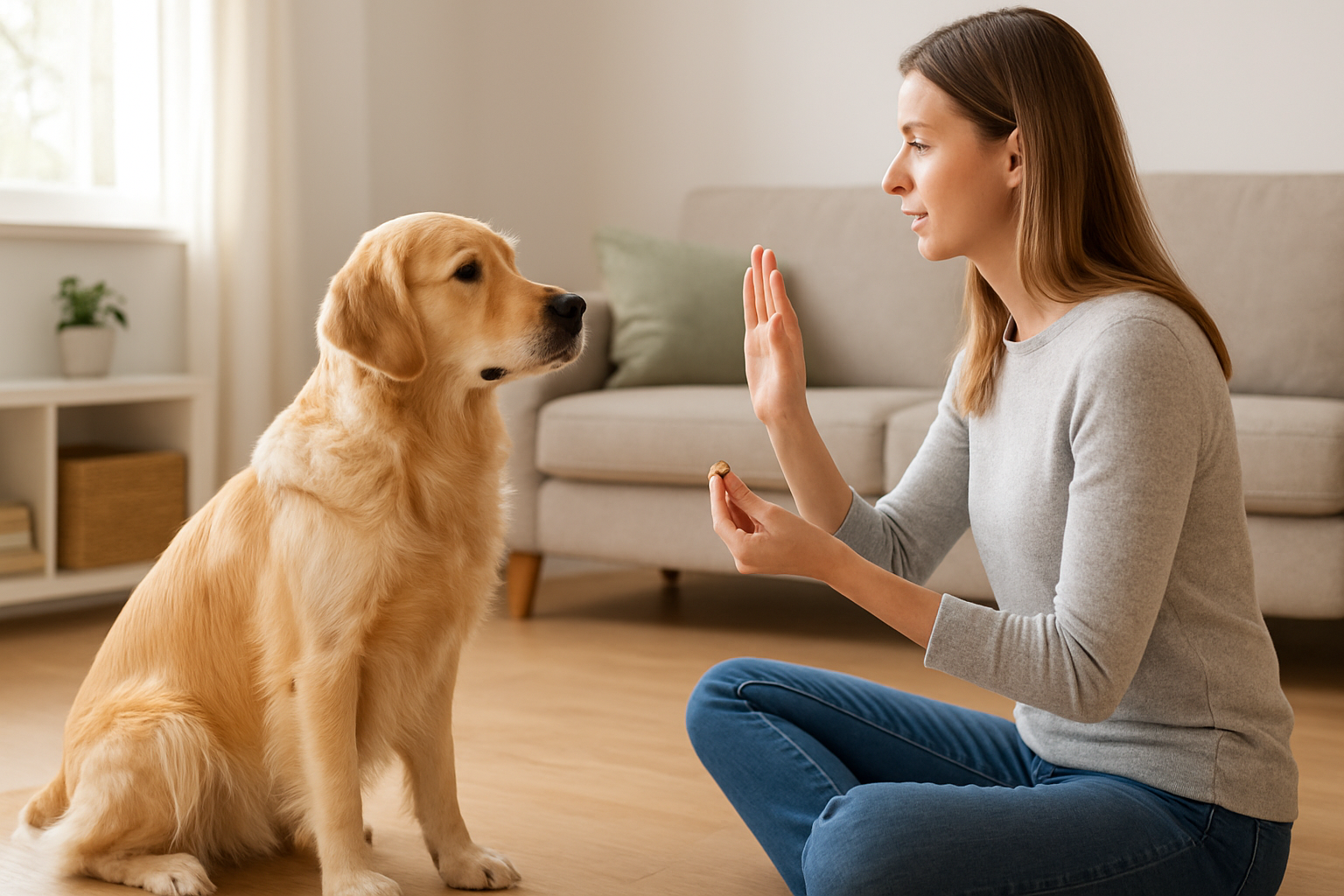 Create a realistic image of a calm golden retriever sitting obediently in a bright, organized living room while a white female dog owner in casual clothing holds a training treat and uses hand signals during a training session, with the dog displaying focused attention and relaxed body language, natural lighting streaming through windows, peaceful indoor atmosphere with minimal distractions in the background, absolutely NO text should be in the scene.