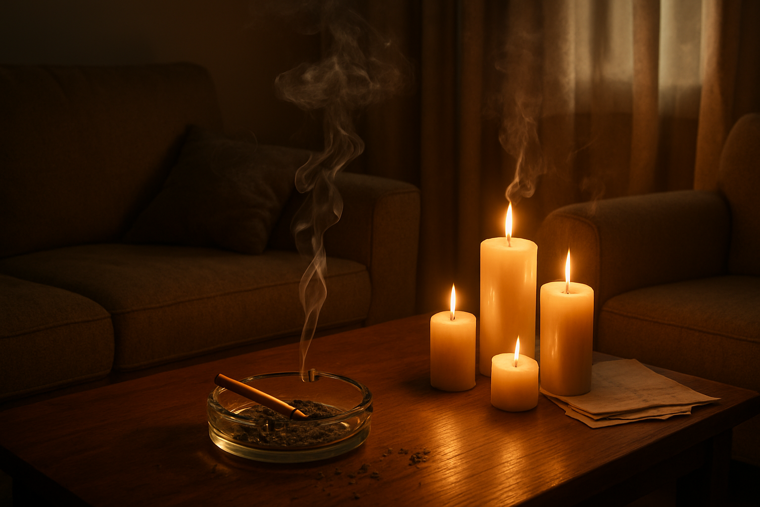 Create a realistic image of a living room interior showing fire hazards from smoking and candles, featuring an unattended lit cigarette burning in an ashtray on a wooden coffee table with ash scattered around, several lit candles of varying heights placed dangerously close to curtains and papers, smoke wisping from both the cigarette and candles, warm amber lighting creating dramatic shadows, cozy but cluttered home environment with fabric furniture and wooden surfaces, emphasizing the dangerous placement of these fire sources near flammable materials, absolutely NO text should be in the scene.