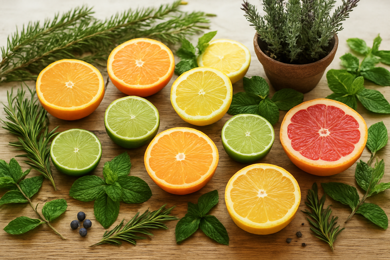 Create a realistic image of a vibrant collection of everyday limonene-rich plants and foods artfully arranged on a rustic wooden table, featuring fresh oranges, lemons, limes, and grapefruits cut in half to show their juicy interiors, alongside aromatic herbs like rosemary sprigs, fresh mint leaves, and small potted lavender plants, with pine branches and juniper berries scattered throughout the composition, all photographed in warm natural lighting that highlights the bright citrus colors and green botanicals against a clean white or light wooden background, absolutely NO text should be in the scene.