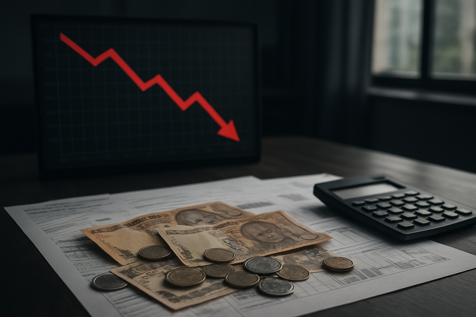 Create a realistic image of a downward trending financial chart with red declining arrows overlaid on Indian economic indicators, featuring scattered Indian rupee coins and banknotes in the foreground, a calculator and financial documents spread across a dark wooden desk, with a somber corporate office environment in the background featuring dim natural lighting from a window, creating a mood of economic concern and financial analysis. Absolutely NO text should be in the scene.