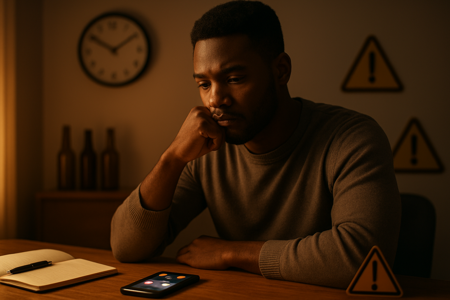 Create a realistic image of a thoughtful black male sitting at a wooden desk with his hand on his chin in a contemplative pose, surrounded by subtle visual metaphors including a clock showing late hours, empty bottles in soft focus in the background, a smartphone with notifications glowing, and warning road signs subtly placed around the scene, with warm golden lighting creating a reflective mood in a home office environment, absolutely NO text should be in the scene.