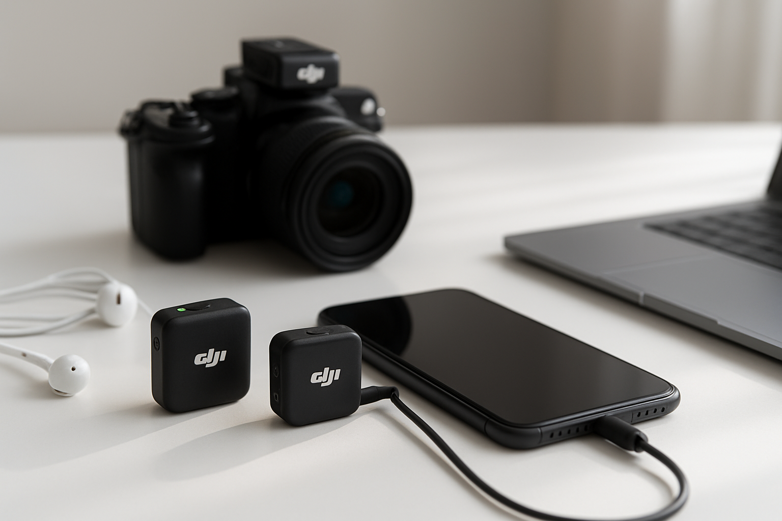 Create a realistic image of a DJI Mic Mini wireless microphone system prominently displayed on a clean white desk surface, featuring the small black transmitter and receiver units connected to a smartphone and camera setup, with soft natural lighting from a window creating gentle shadows, surrounded by subtle tech accessories like earphones and a laptop partially visible in the background, conveying a professional yet accessible workspace atmosphere that emphasizes the microphone's compact size and versatility for content creation, absolutely NO text should be in the scene.