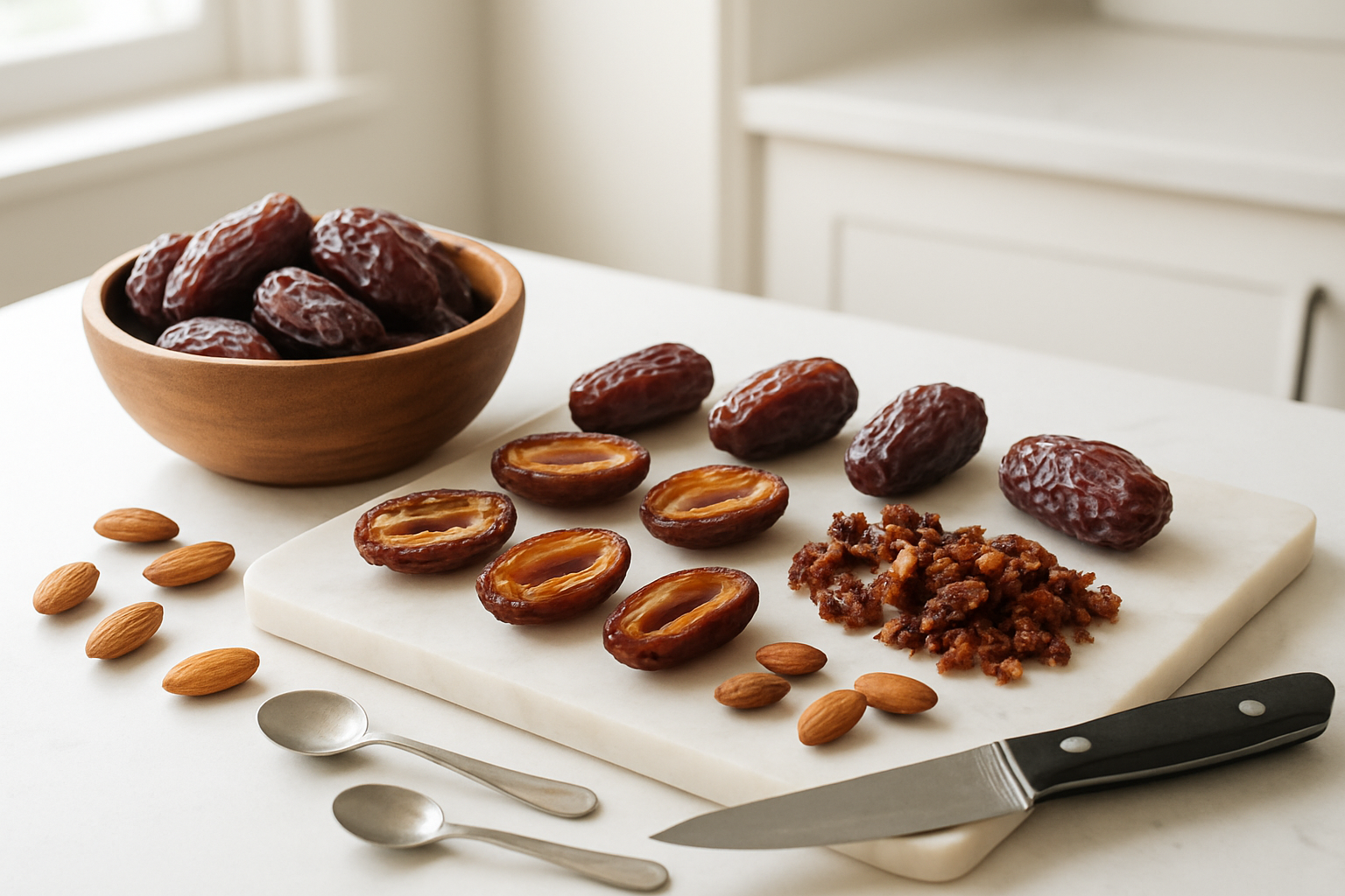 Create a realistic image of fresh Medjool dates being prepared in a modern kitchen setting, showing dates in various stages of preparation - some whole dates in a wooden bowl, several dates cut in half with pits removed on a marble cutting board, a few dates being stuffed with nuts, and chopped dates ready for baking, with a sharp knife, small spoons, and almonds scattered nearby, warm natural lighting from a window, clean white kitchen counter background, absolutely NO text should be in the scene.