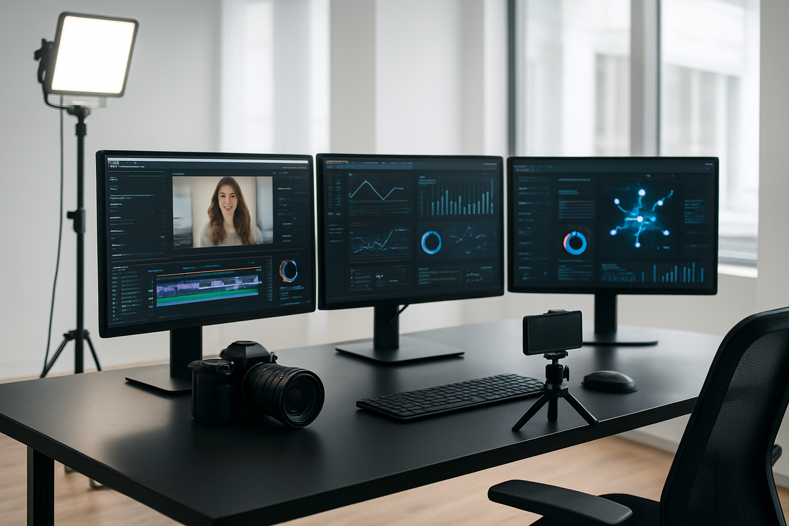 Create a realistic image of a modern professional workspace with multiple computer monitors displaying video editing interfaces and AI software dashboards, a sleek black desk with a high-end camera, professional lighting equipment, and a smartphone on a tripod, surrounded by a bright, clean office environment with natural lighting from large windows, conveying innovation and efficiency in content creation, absolutely NO text should be in the scene.