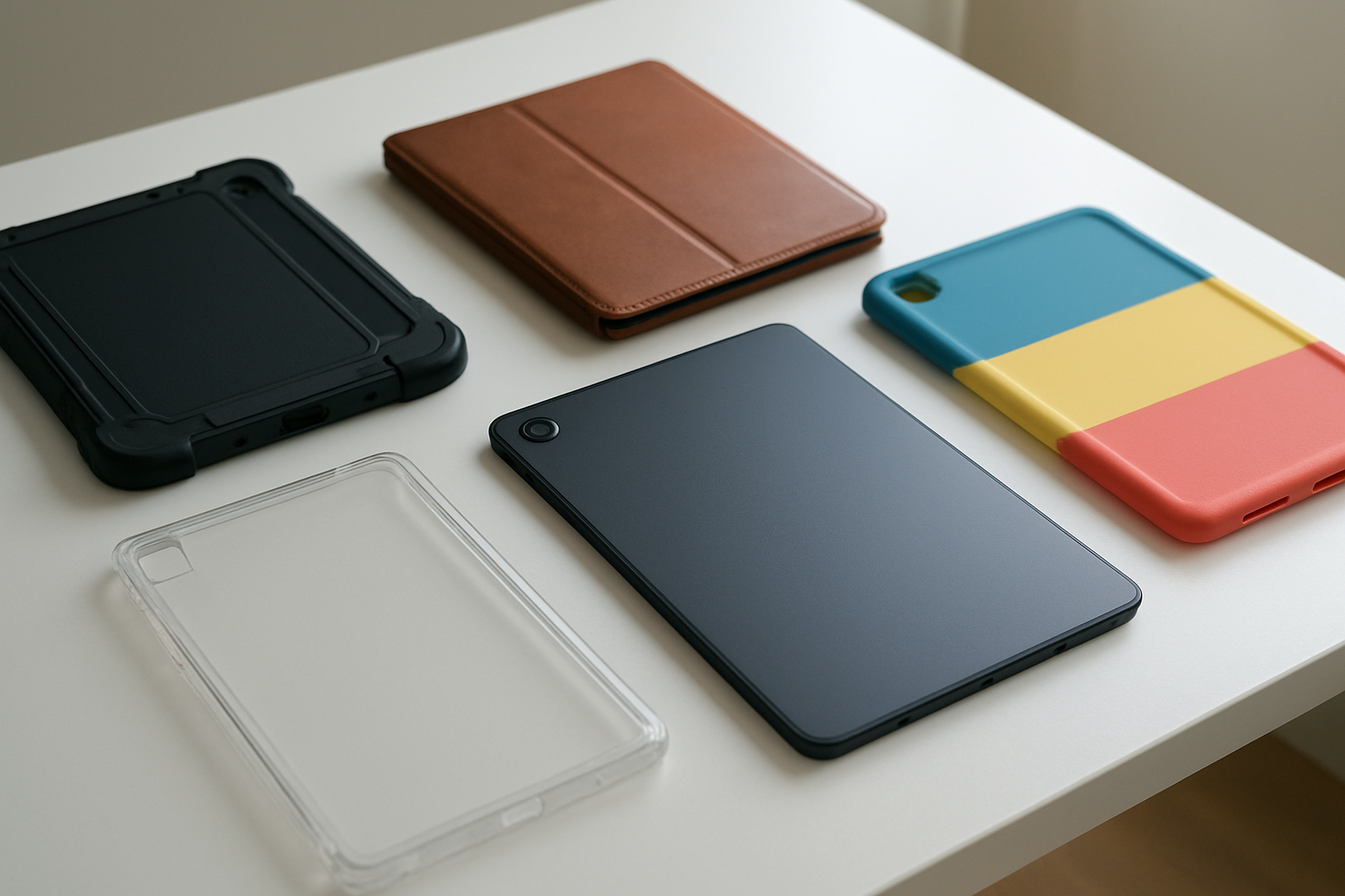 Create a realistic image of a Samsung Galaxy Tab A9+ tablet placed on a clean white desk surface, surrounded by multiple different types of protective cases including a rugged black case with corner protection, a premium brown leather folio case, a clear transparent case, and a colorful silicone case, with soft natural lighting from a window creating gentle shadows, professional product photography style setup with shallow depth of field focusing on the tablet and cases, modern minimalist background, absolutely NO text should be in the scene.