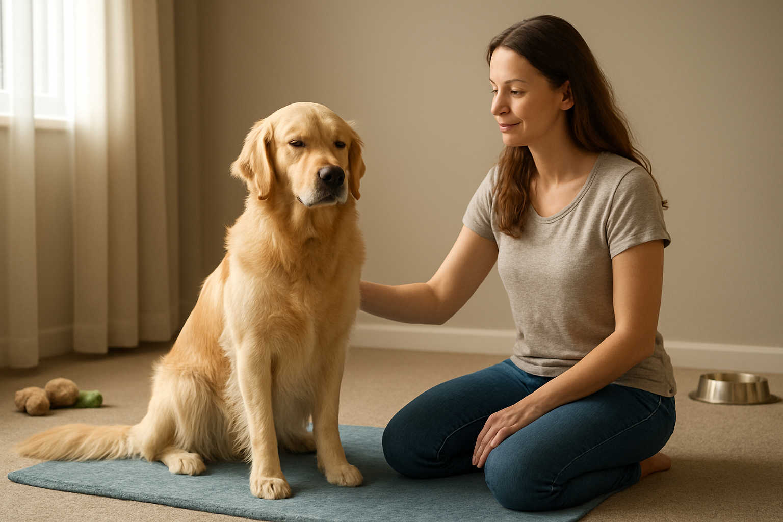 Create a realistic image of a calm golden retriever dog sitting peacefully on a soft blue mat in a quiet indoor setting, with a white female dog owner kneeling beside the dog in a relaxed posture, gentle natural lighting filtering through a nearby window creating a serene atmosphere, with calming elements like a few scattered dog toys and a water bowl in the background, the scene conveying tranquility and successful dog training methods, absolutely NO text should be in the scene.