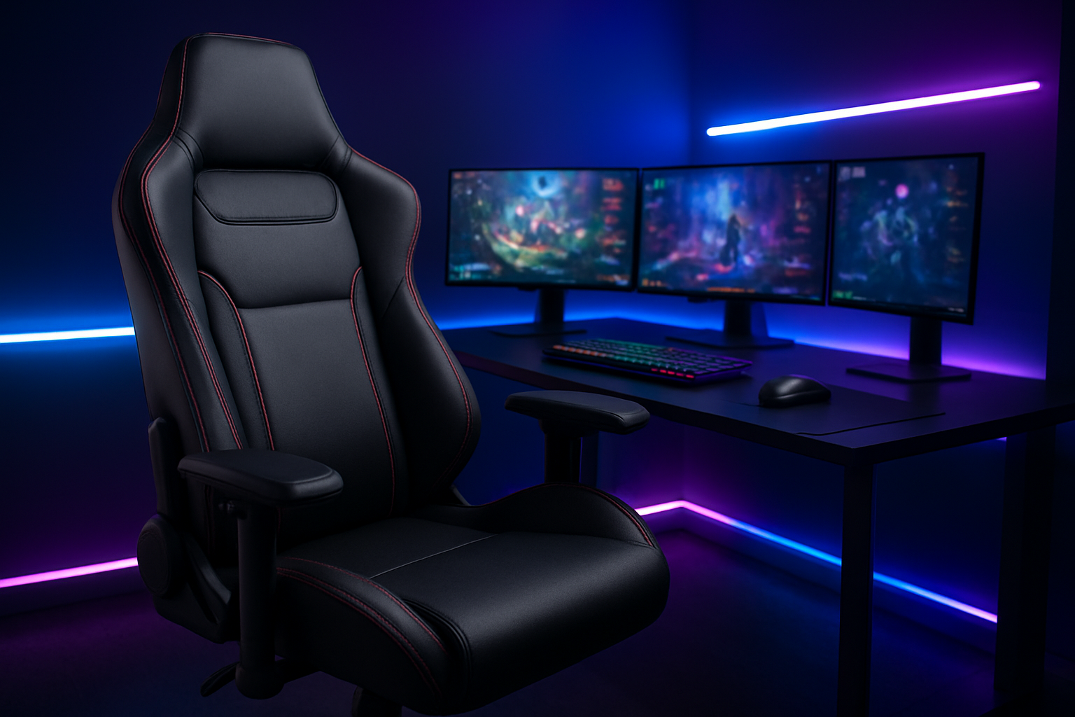 Create a realistic image of a luxurious gaming setup featuring a high-end black leather gaming chair with red accents, ergonomic design, and adjustable armrests positioned in front of a sleek gaming desk with multiple monitors displaying colorful game interfaces, RGB LED lighting strips casting a blue and purple glow throughout the modern gaming room, premium gaming peripherals including mechanical keyboard and gaming mouse on the desk, dark ambient lighting with subtle neon accents creating a professional esports atmosphere, shot from a three-quarter angle to showcase the chair's premium build quality and comfort features, absolutely NO text should be in the scene.