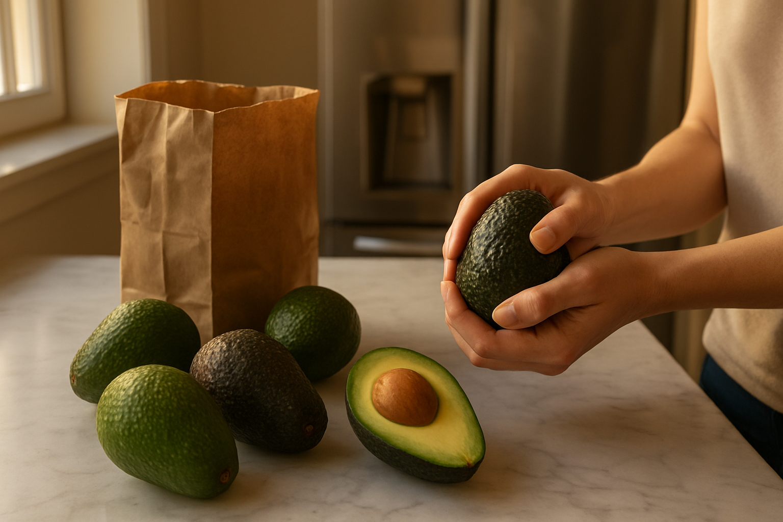 Create a realistic image of a kitchen counter scene showing the avocado selection and storage process, featuring several avocados at different stages of ripeness - some bright green and firm, others darker with slight give when pressed, and one perfectly ripe avocado cut in half showing the creamy flesh and pit, alongside a brown paper bag for ripening, a refrigerator in the background with its door slightly open, and hands of a white female gently squeezing an avocado to test ripeness, with warm natural lighting from a nearby window creating soft shadows on the clean marble countertop, absolutely NO text should be in the scene.